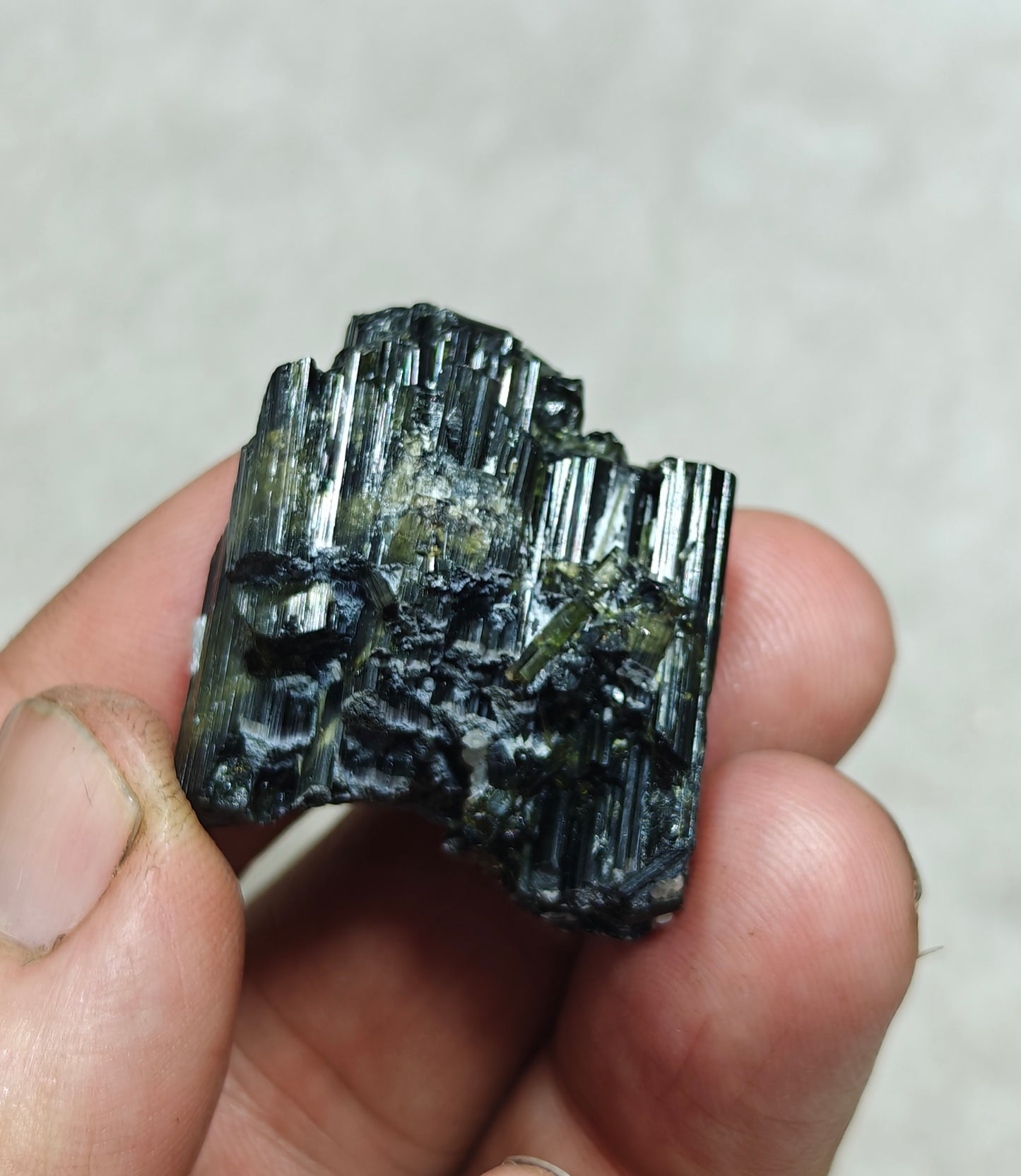Dark green color Tourmaline crystals cluster with chatoyance effect amazing lustre 27 grams