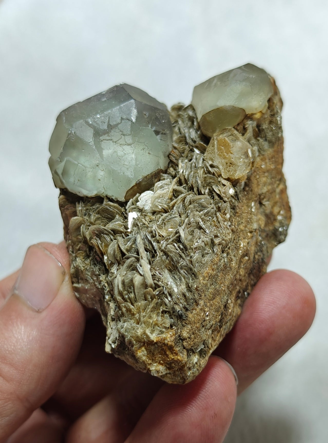 Double terminated Fluorite crystals on matrix with muscovite and goshenite 183 grams