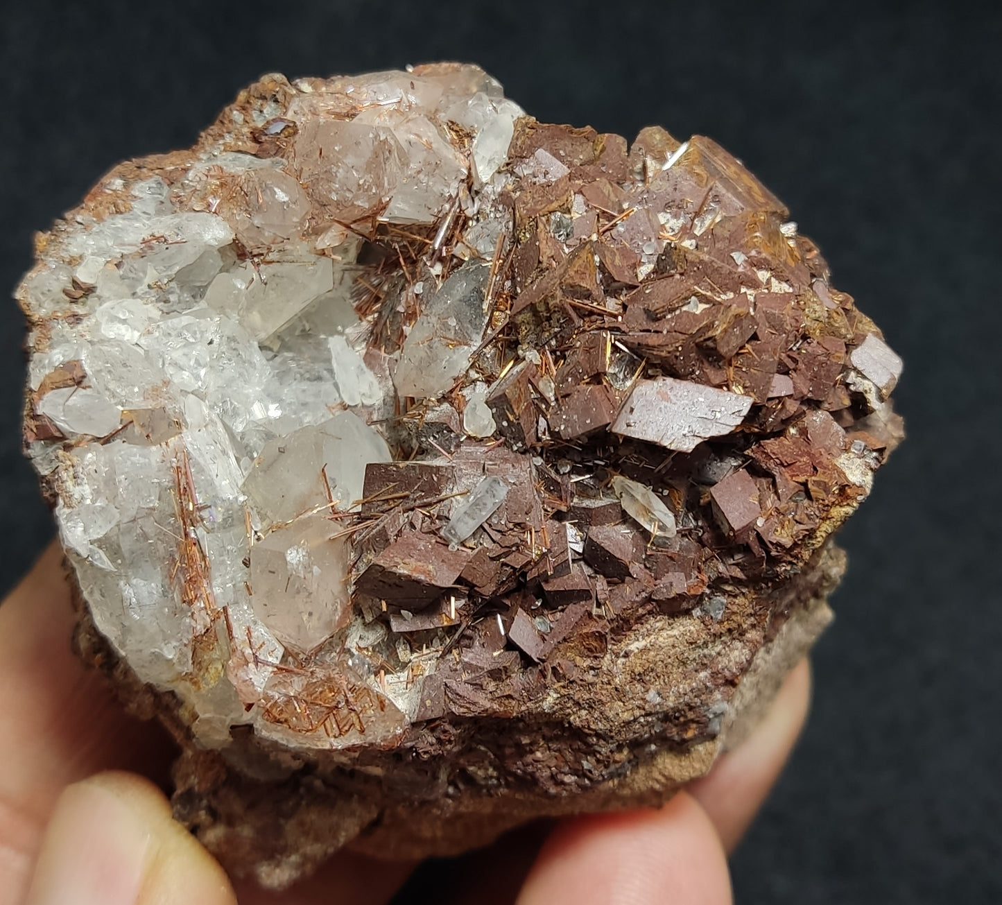 Natural siderite crystals specimen on matrix with rutiles and quartz 156 grams