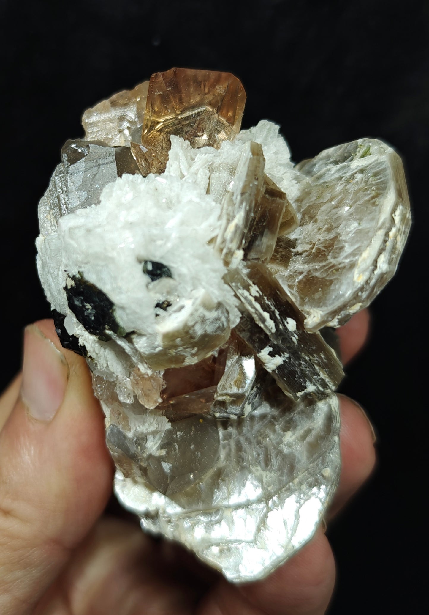 peach color Topaz crystals with quartz and tourmaline 210 grams