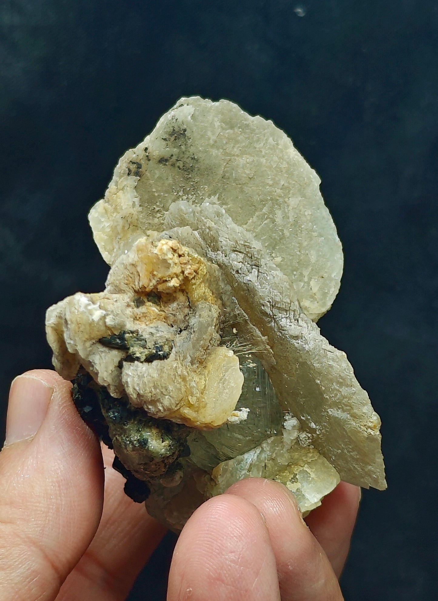 Terminated Etched Quartz crystal with calcite, Epidote and byss-olite 149 grams