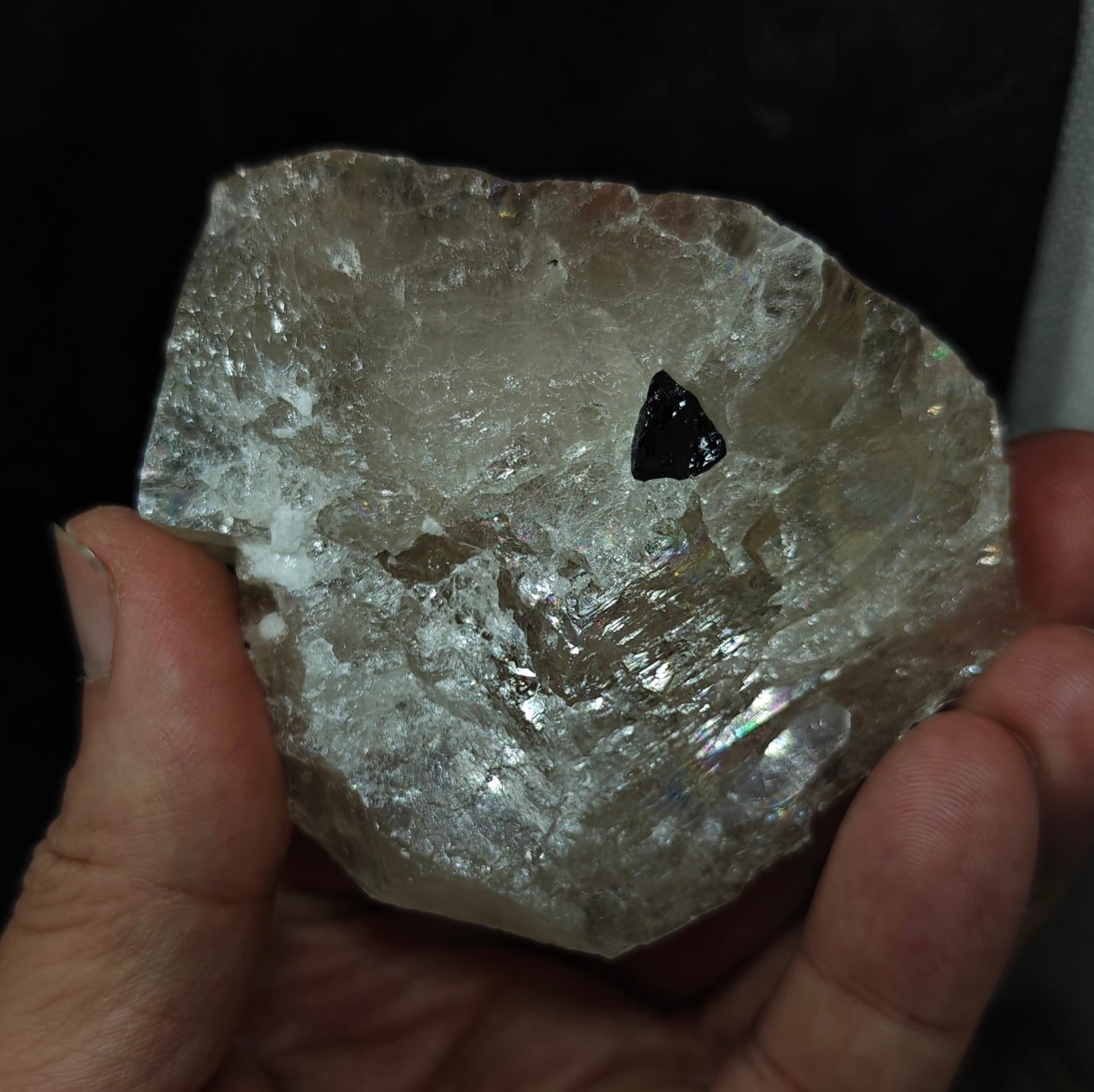 Natural light peach color Topaz crystal with rainbow effects with associated tourmaline 200 grams