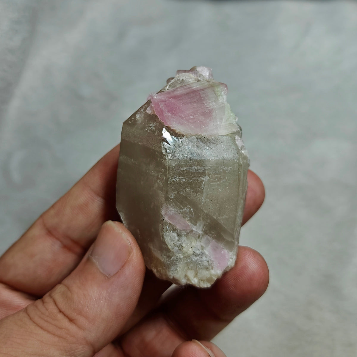 Pink Tourmaline crystal on smoky quartz 80g