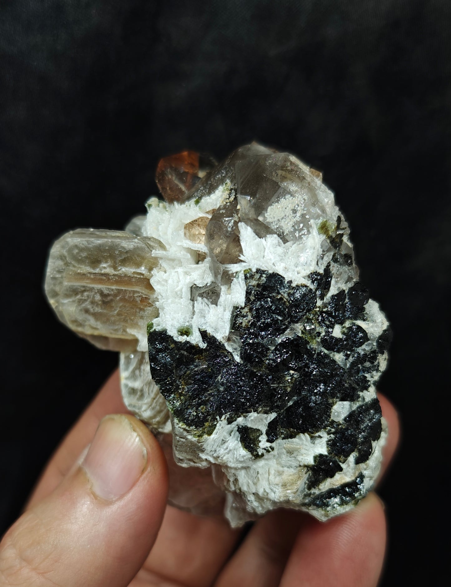 peach color Topaz crystals with quartz and tourmaline 210 grams