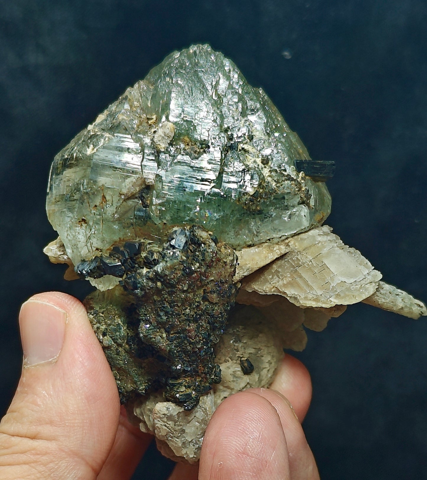 Terminated Etched Quartz crystal with calcite, Epidote and byss-olite 149 grams