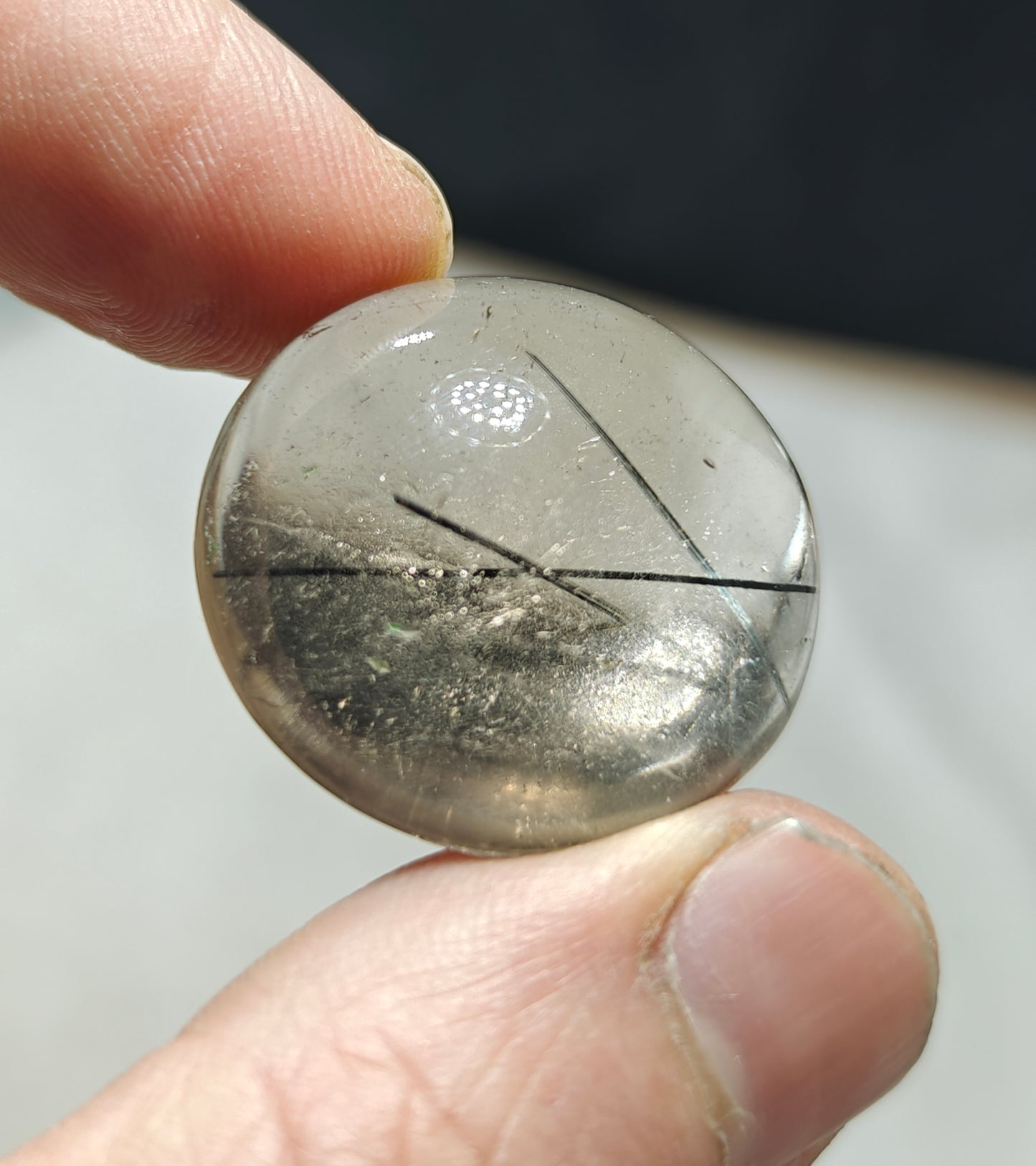 Tourmaline included smoky Quartz cabochon 64 carats