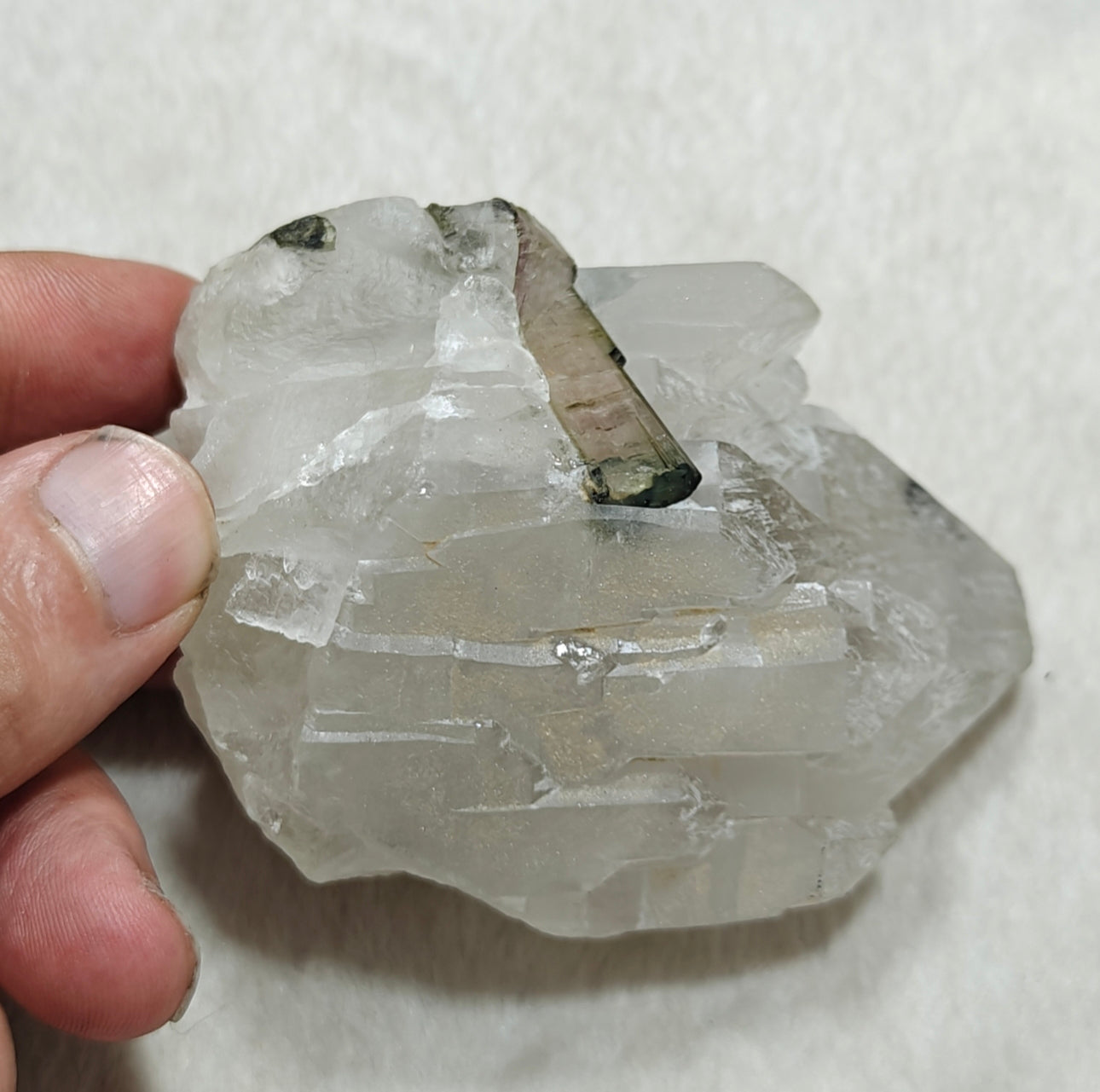 An amazing beautiful specimens of light pink and green Tourmaline embedded in terminated quartz 323g