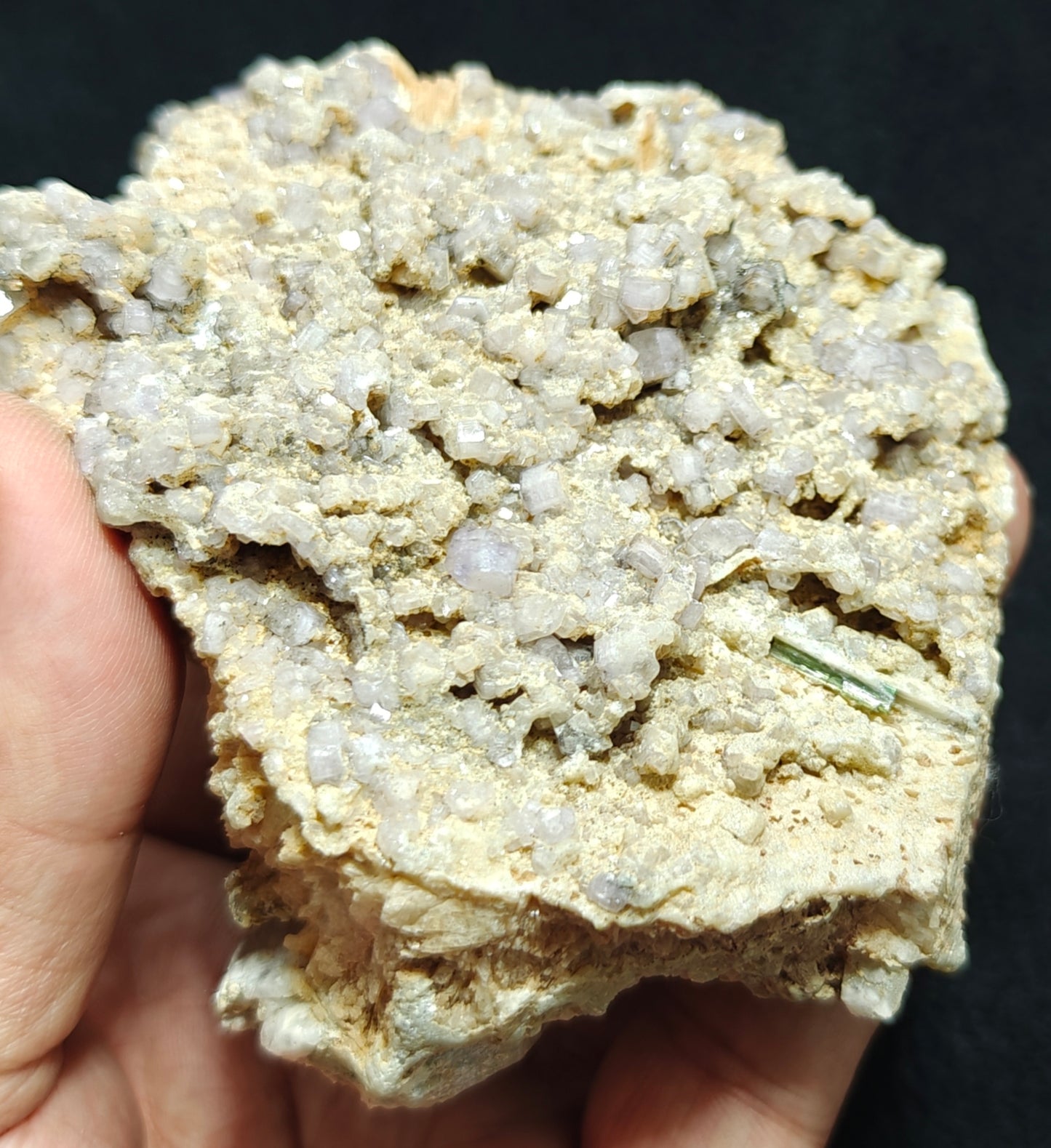 Purple Apatite crystals on matrix with a quartz and small Tourmaline crystal 280 grams