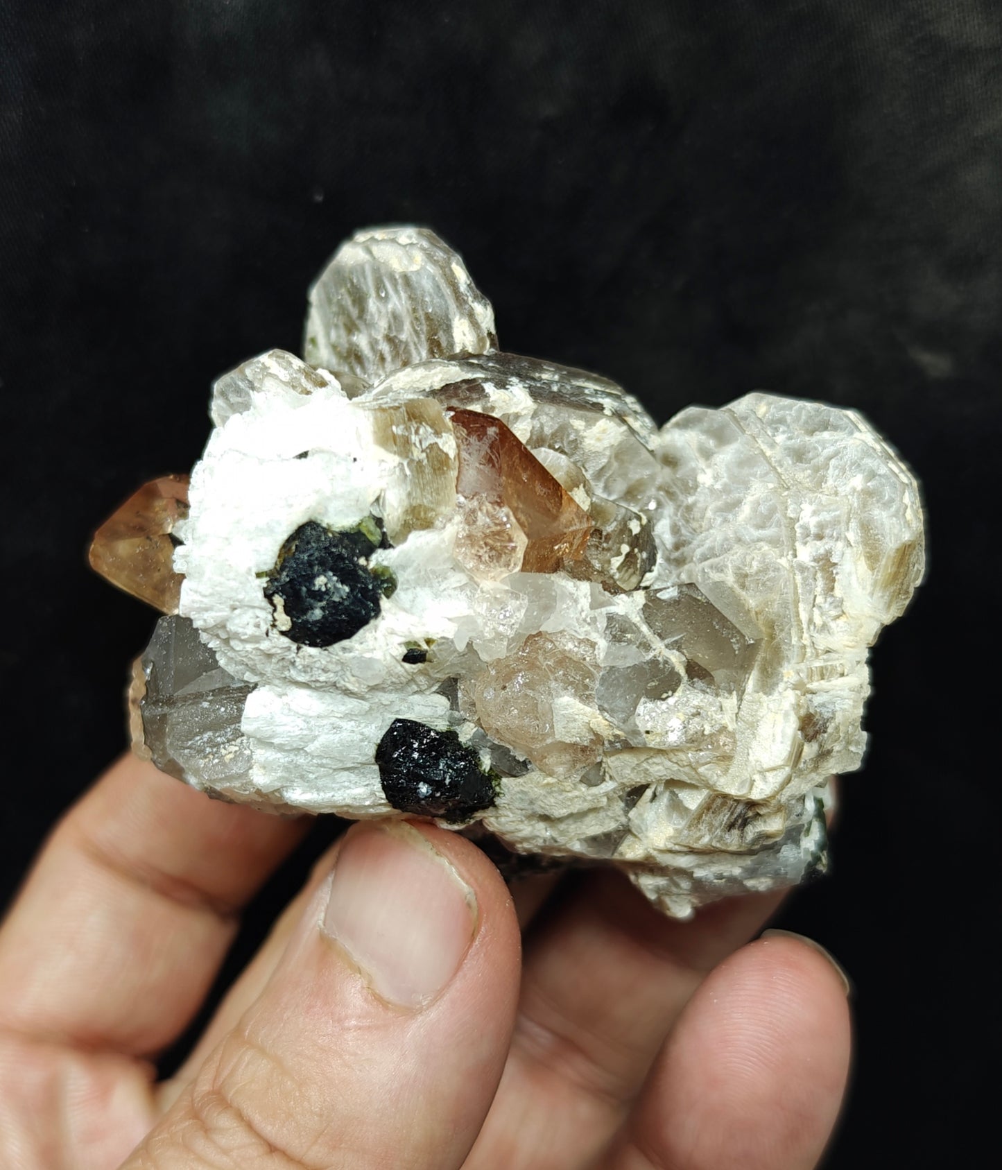 peach color Topaz crystals with quartz and tourmaline 210 grams