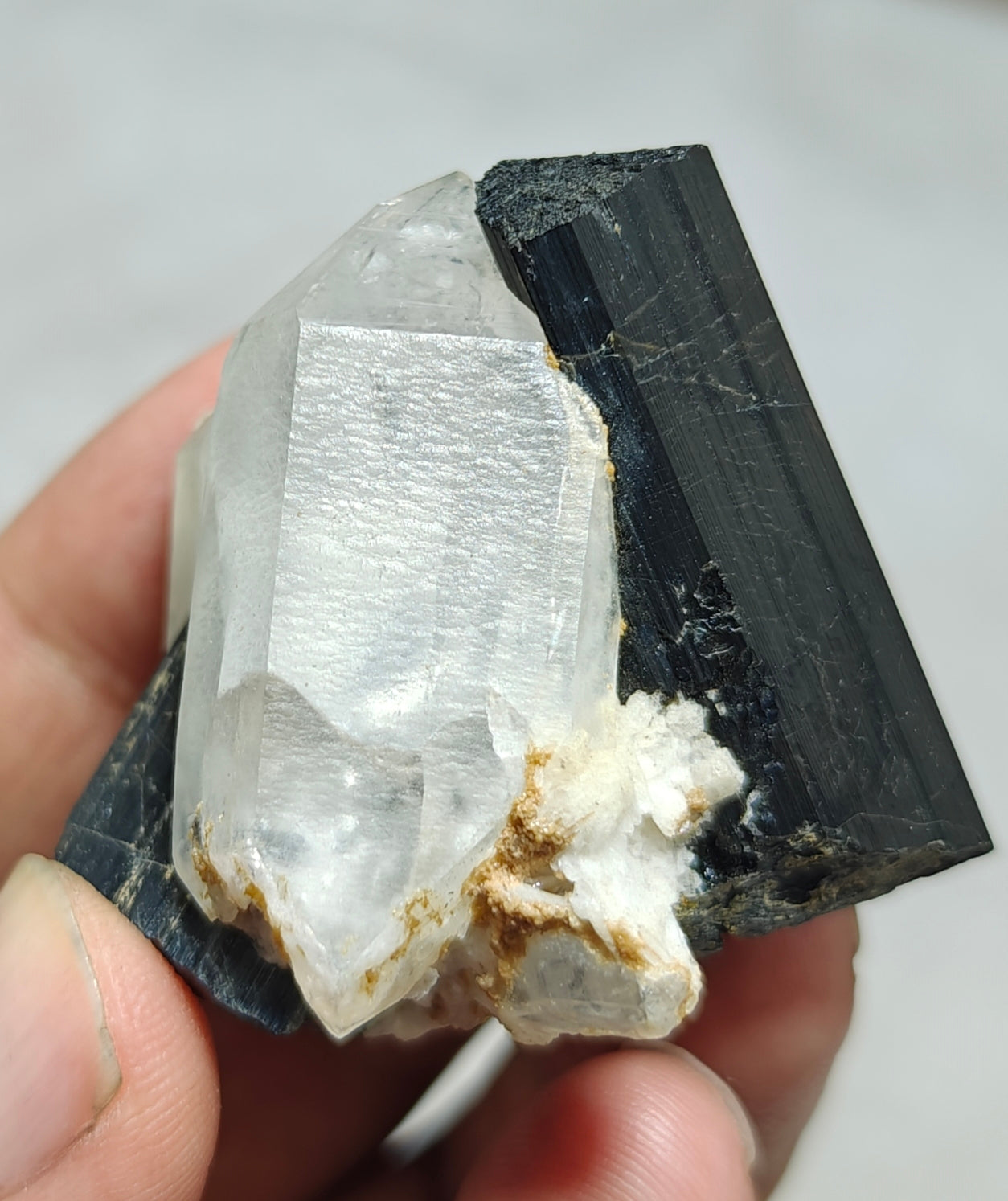 An Aesthetic Natural black Tourmaline crystal with terminated quartz crystals 85 grams