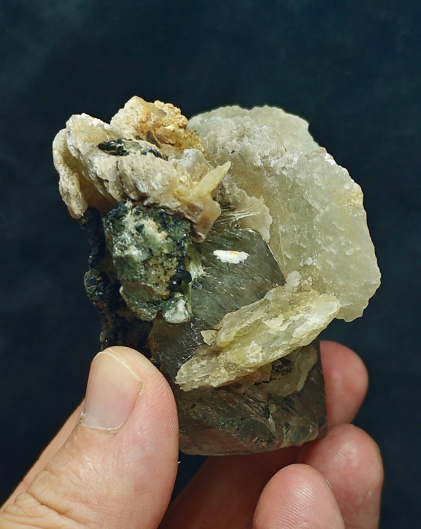 Terminated Etched Quartz crystal with calcite, Epidote and byss-olite 149 grams