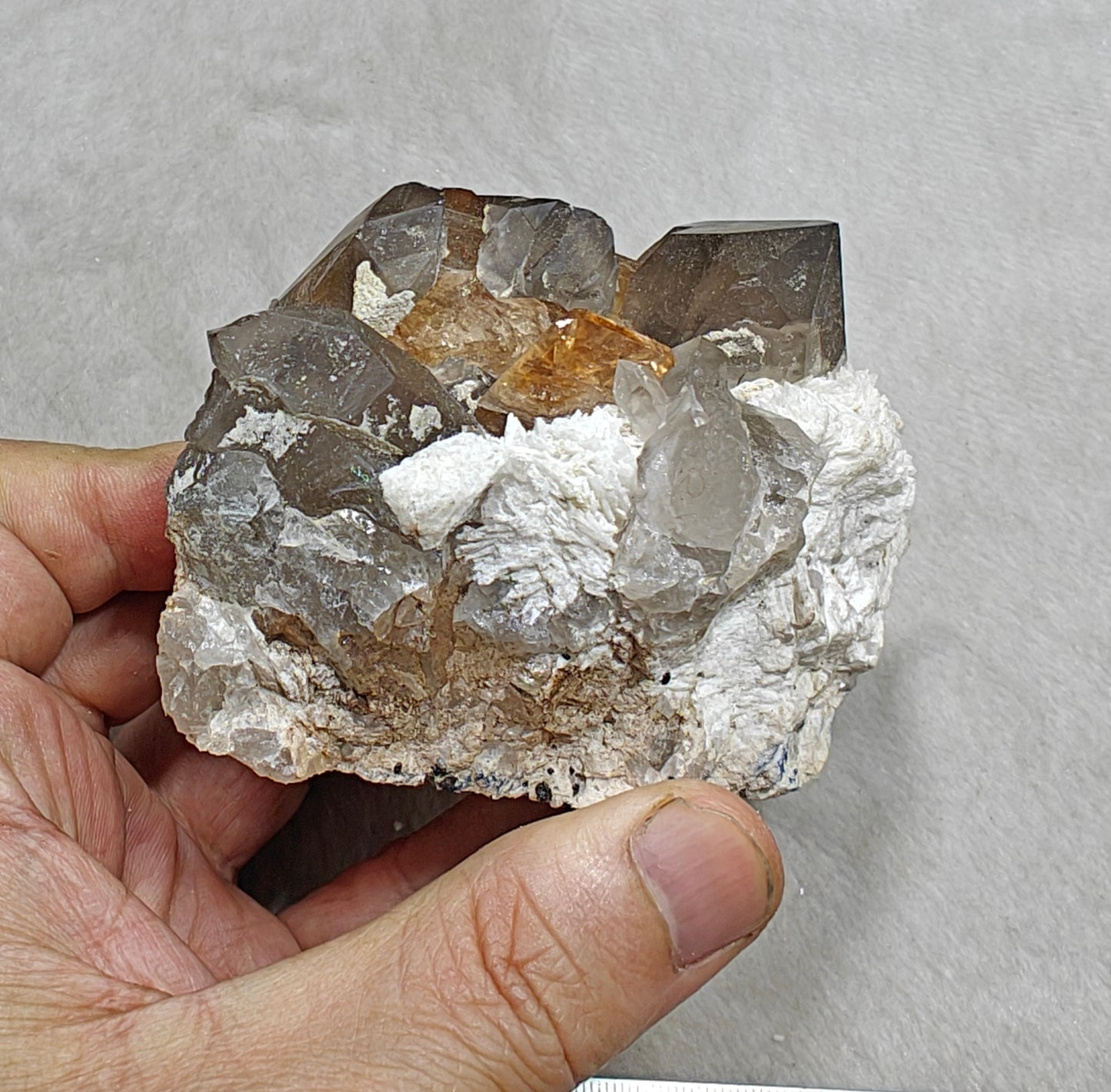 Natural peach color Topaz crystals on matrix with smoky quartz 455 grams