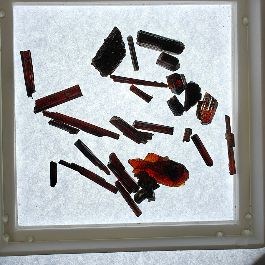 Natural slender reddish-brown rutile crystals displayed against a light background