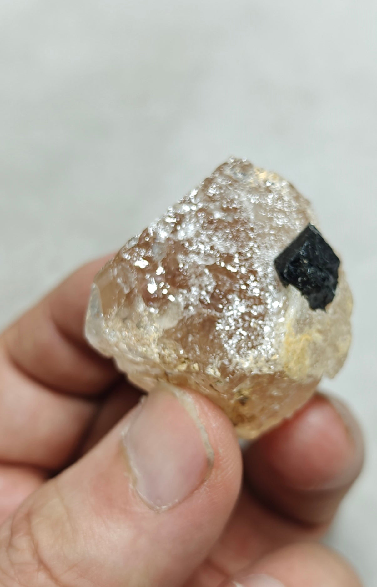 Peach color Topaz crystal with Tourmaline 68 grams