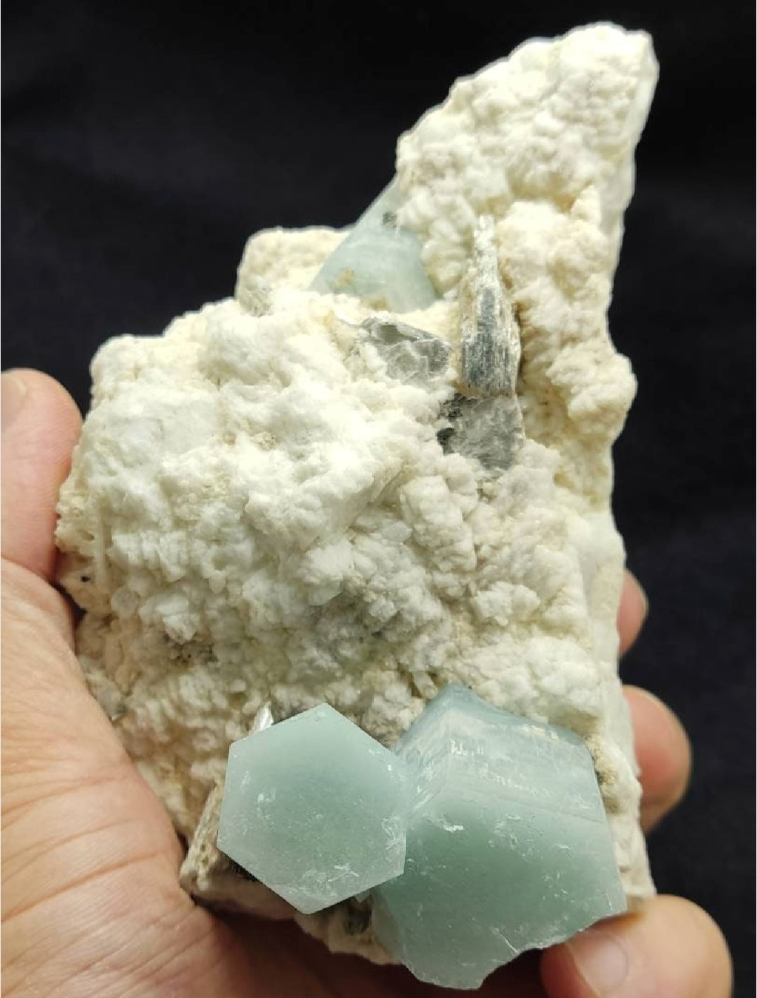 Aesthetic specimen of Aquamarine Crystals with associated tantalite on matrix of Albite, mica and some Schorl 1026 grams