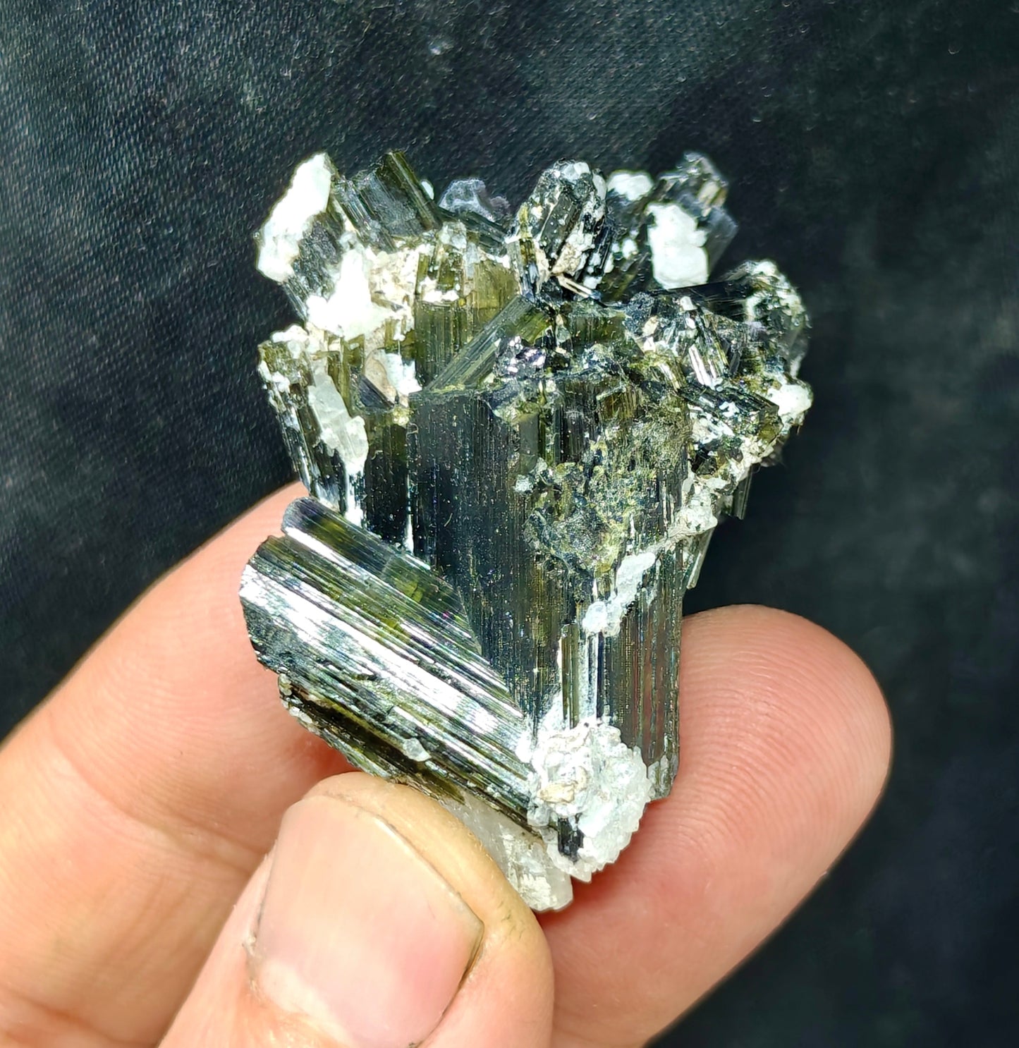 Dark green color Tourmaline crystals cluster with chatoyance effect 34 grams