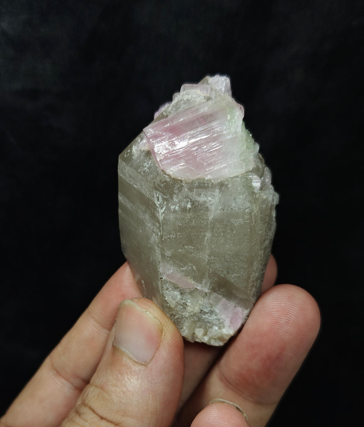 Pink Tourmaline crystal on smoky quartz 80g