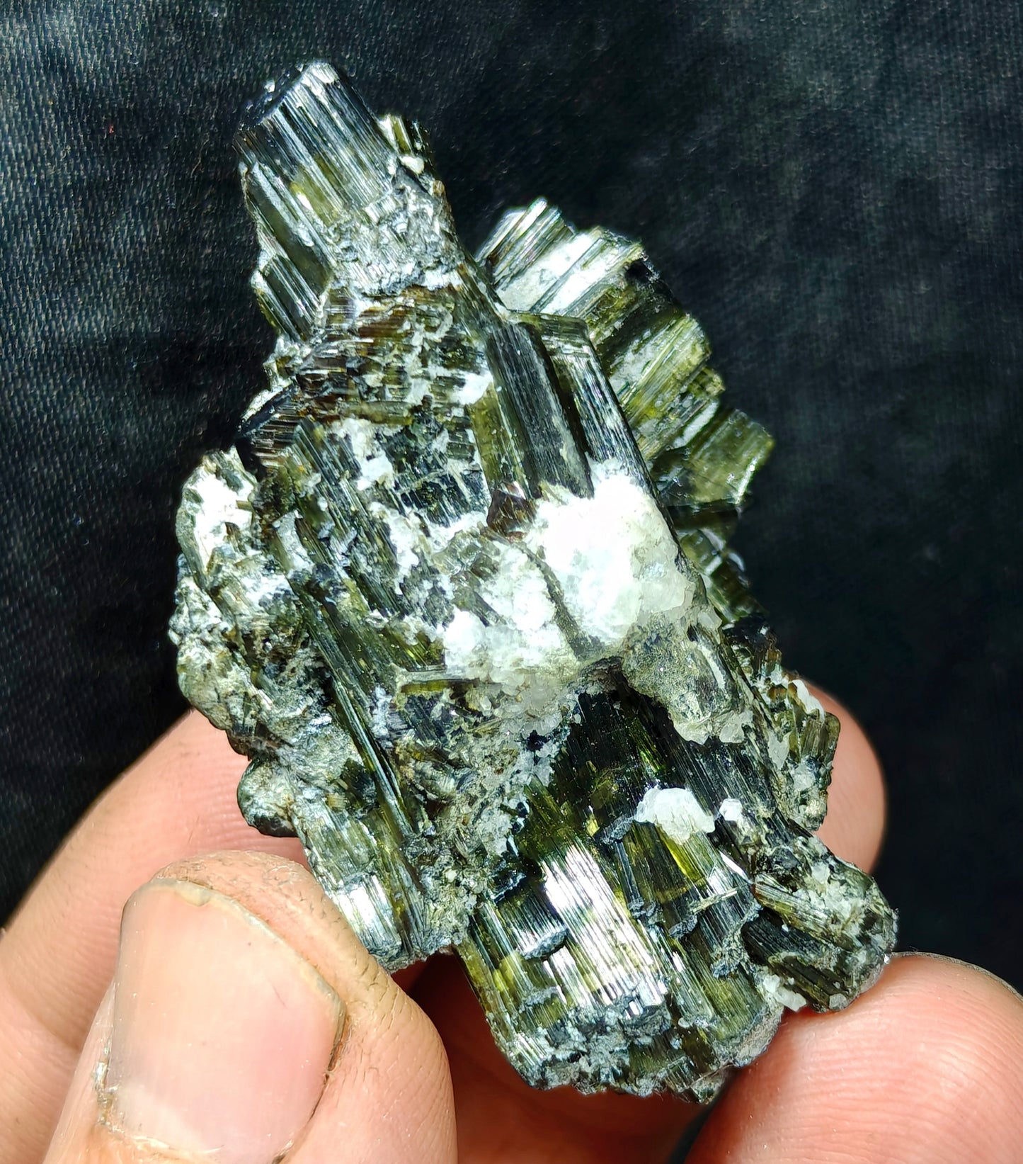 Dark green color Tourmaline crystals with chatoyance effect 35 grams