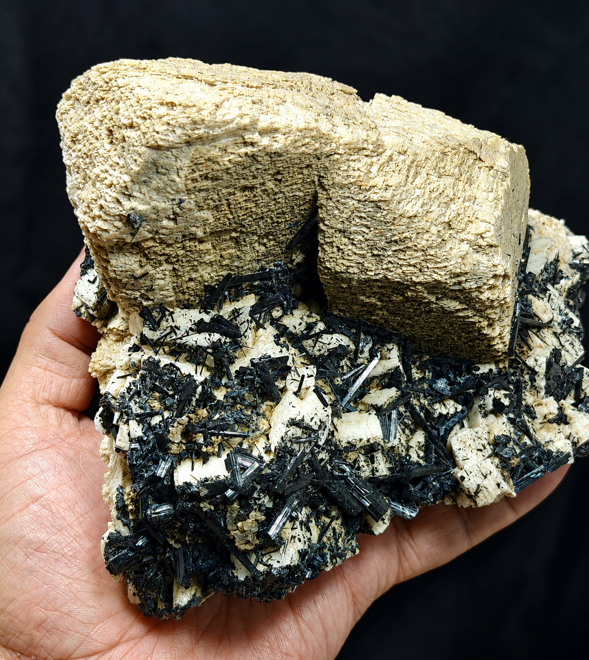 Etched feldspar with Black Tourmaline Crystal Cluster 880 grams