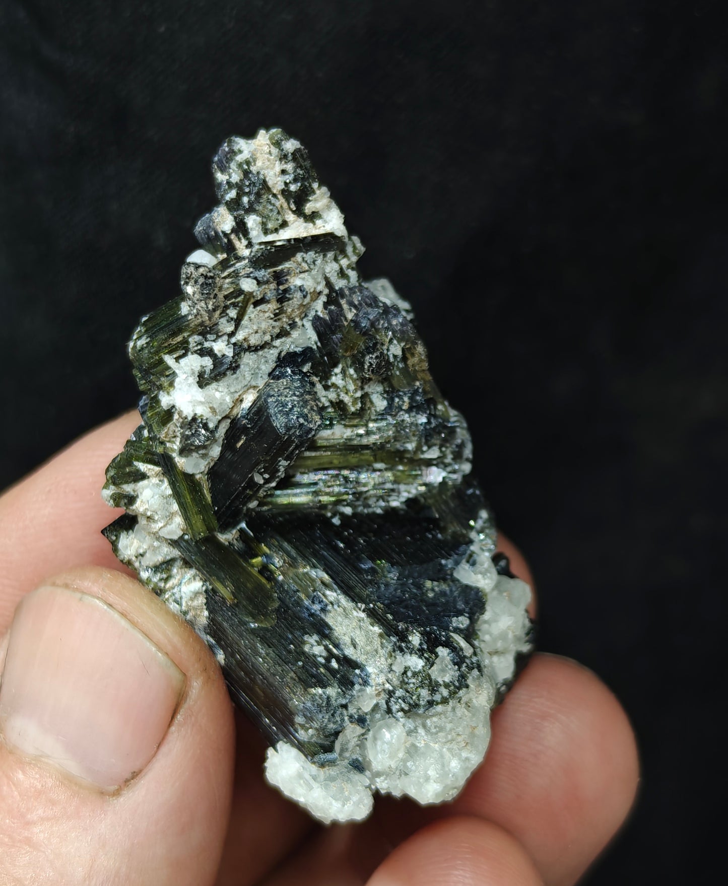 Dark green color Tourmaline crystals cluster with chatoyance effect 34 grams