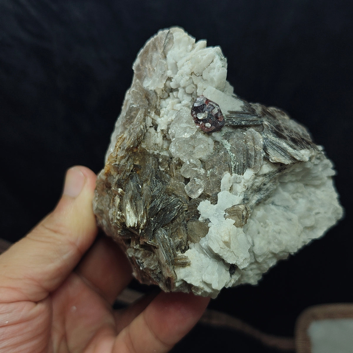Natural spessartine garnet embedded in muscovite, with albite and quartz 544 grams