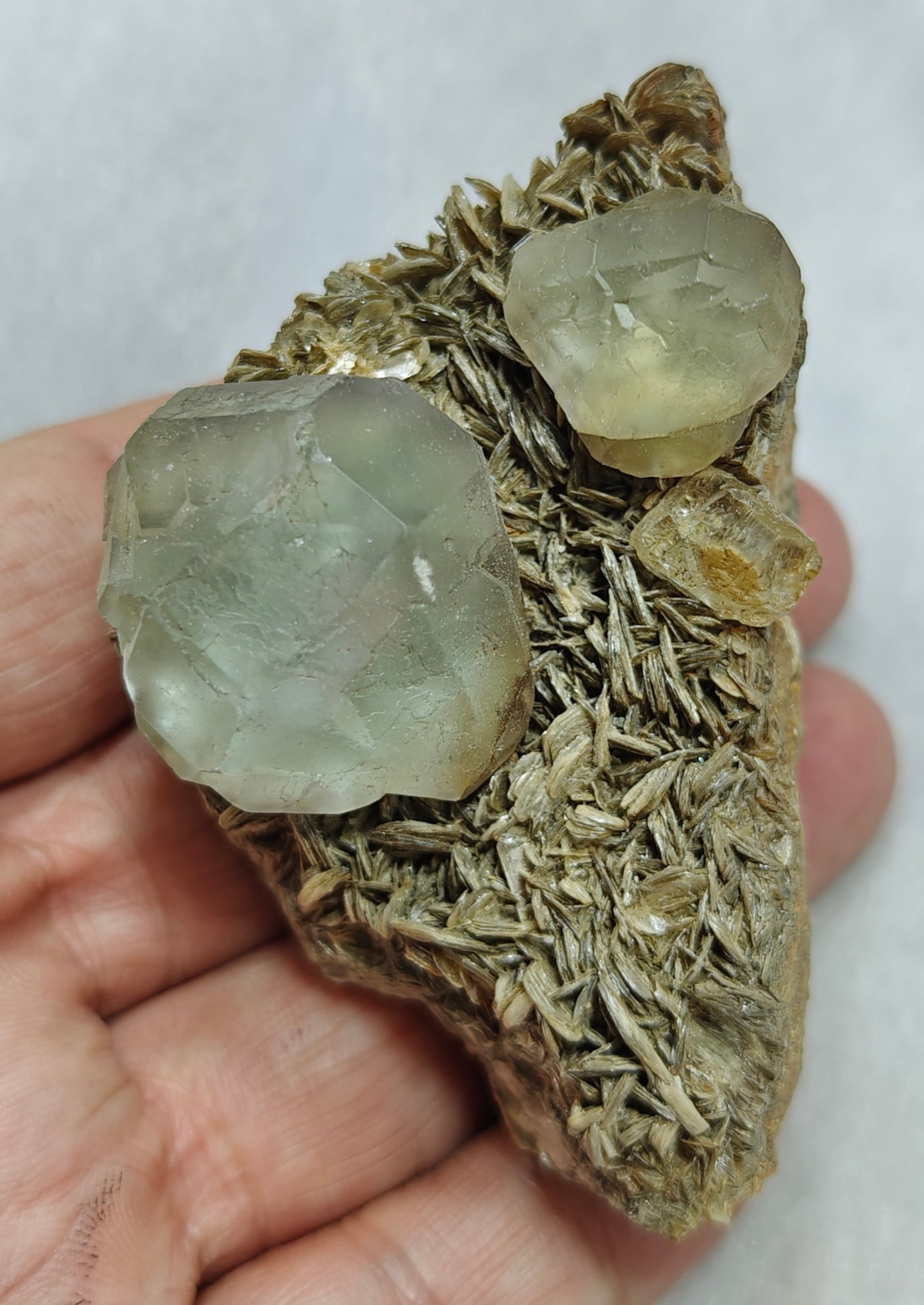 Double terminated Fluorite crystals on matrix with muscovite and goshenite 183 grams