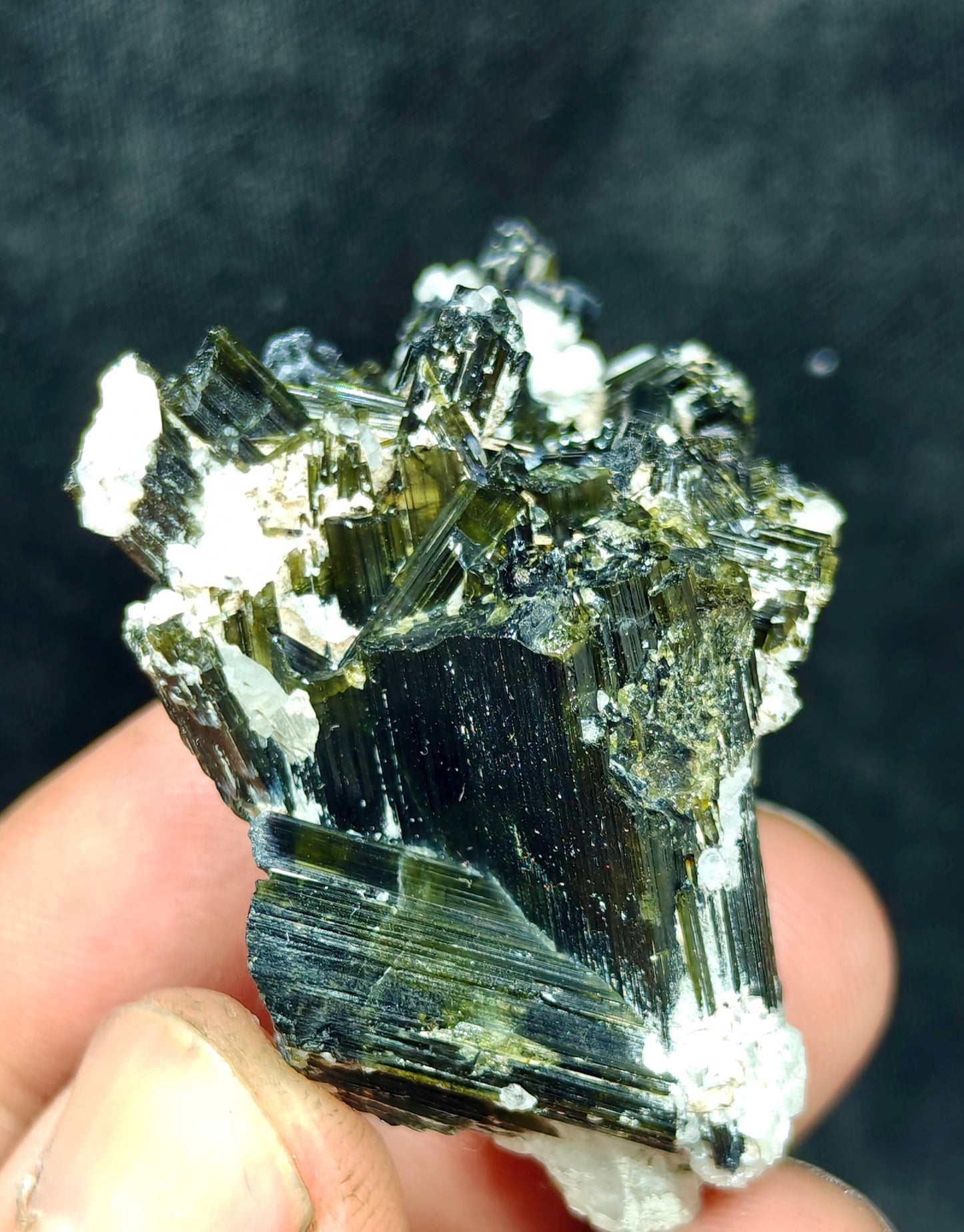 Dark green color Tourmaline crystals cluster with chatoyance effect 34 grams