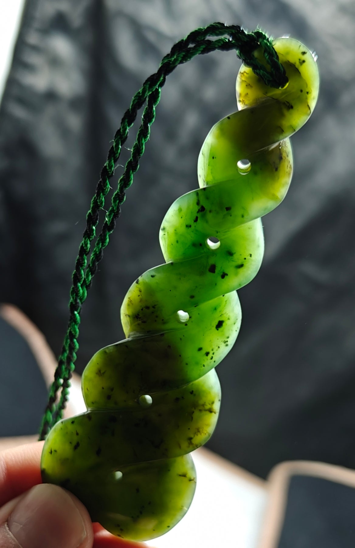 Hand carved infinity shape nephrite Jade pendant 10cm long