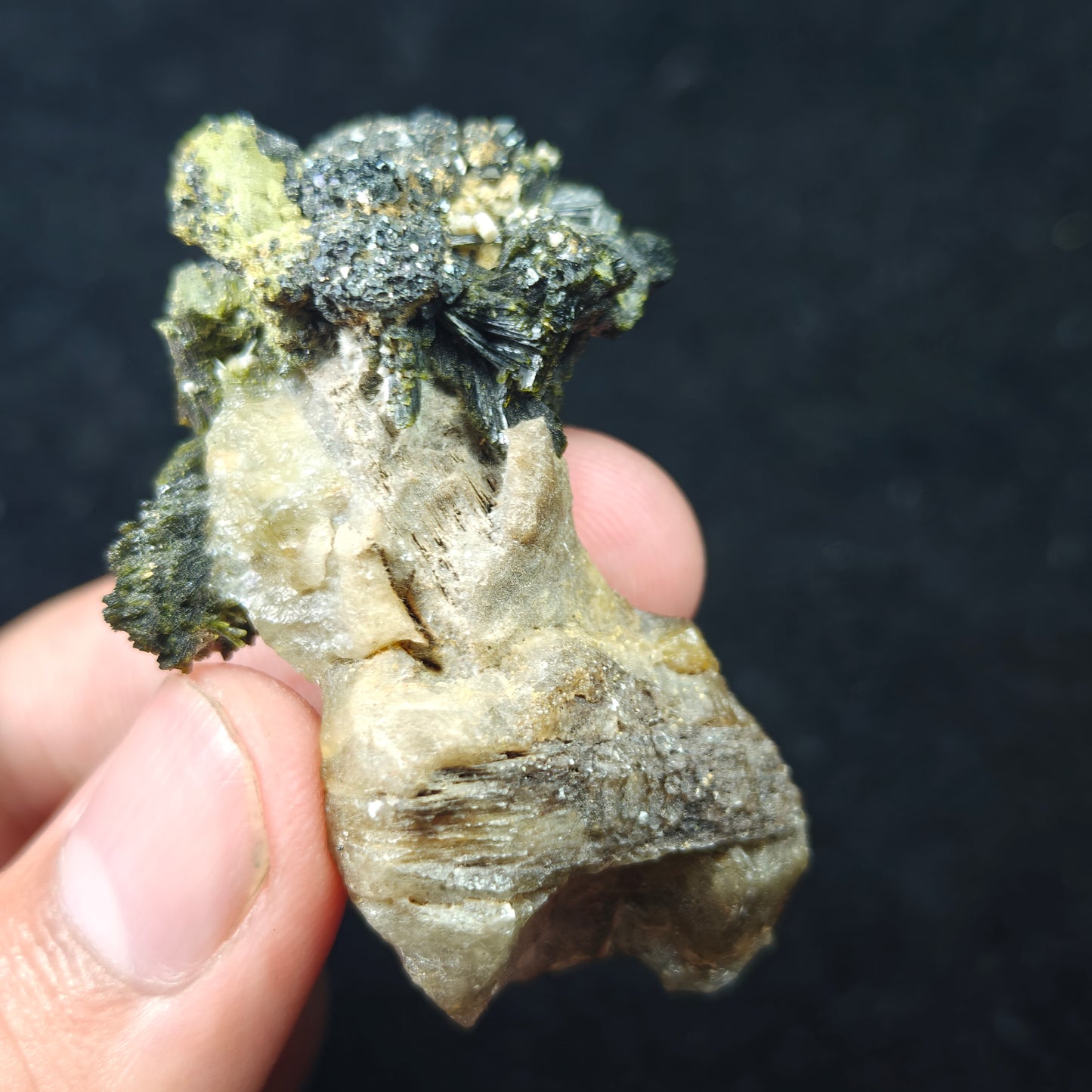 Natural epidote cluster on matrix of calcite 36 grams