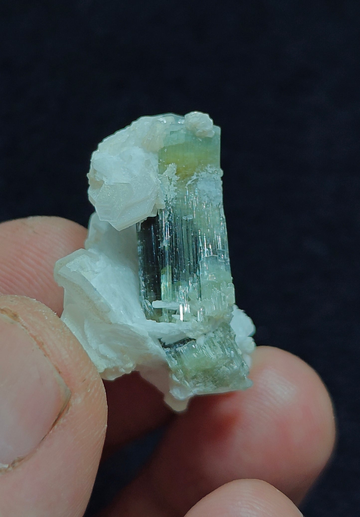 Natural dark green Tourmaline crystal and associated cleavlandite 10 grams