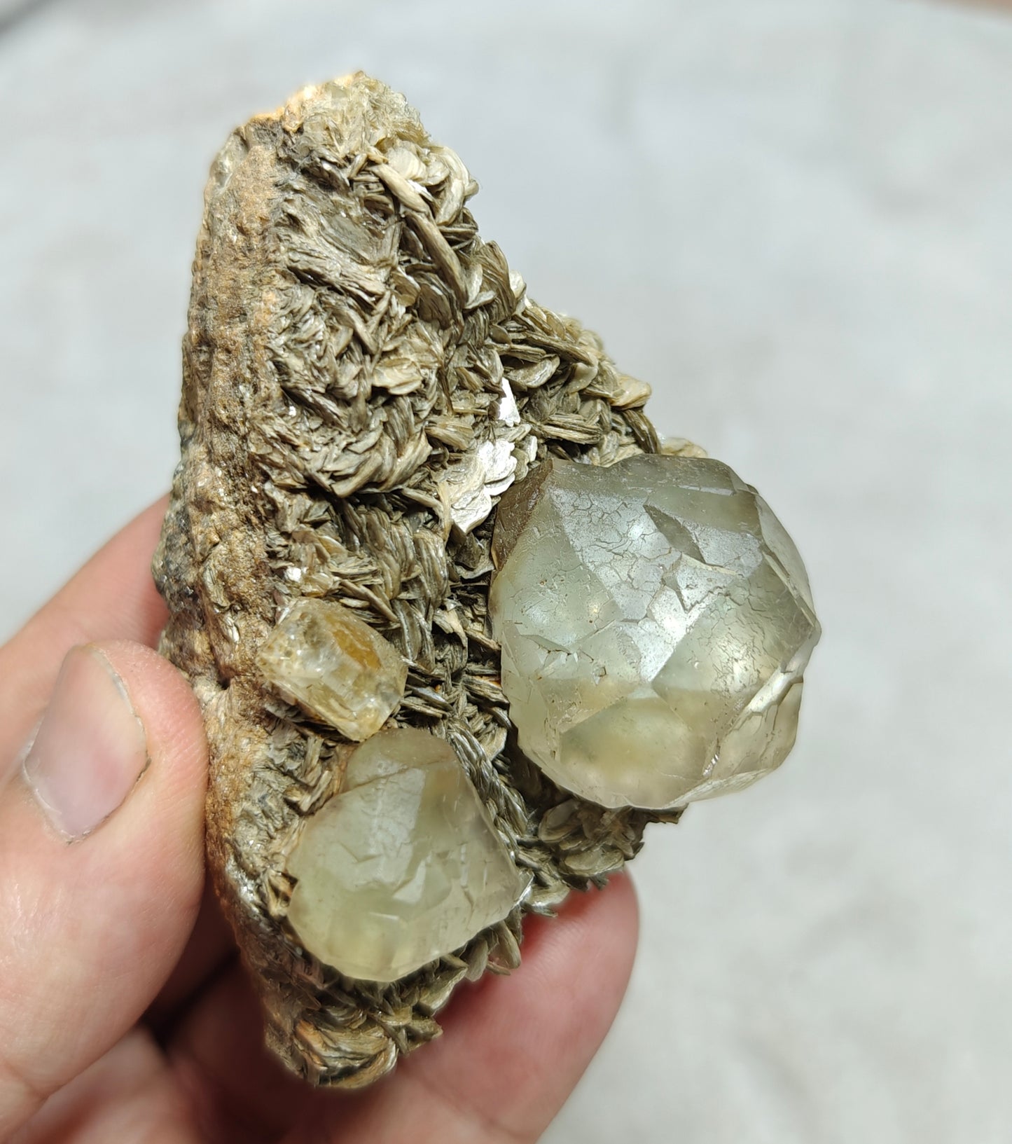 Double terminated Fluorite crystals on matrix with muscovite and goshenite 183 grams