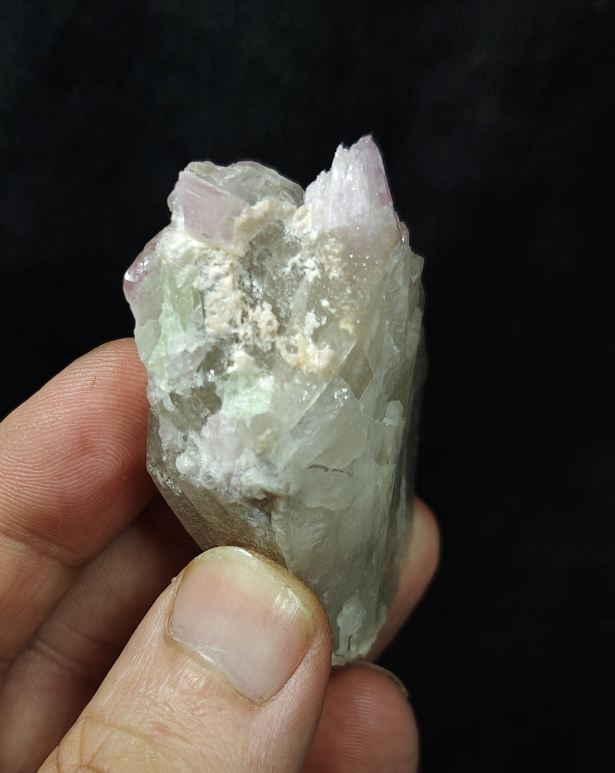 Pink Tourmaline crystal on smoky quartz 80g