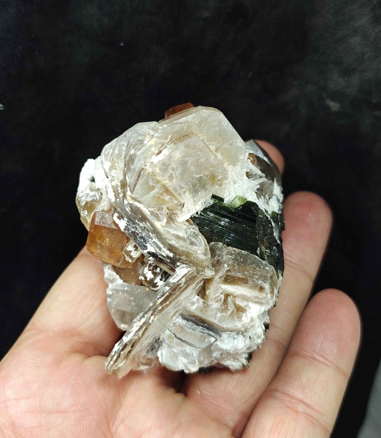 peach color Topaz crystals with quartz and tourmaline 210 grams