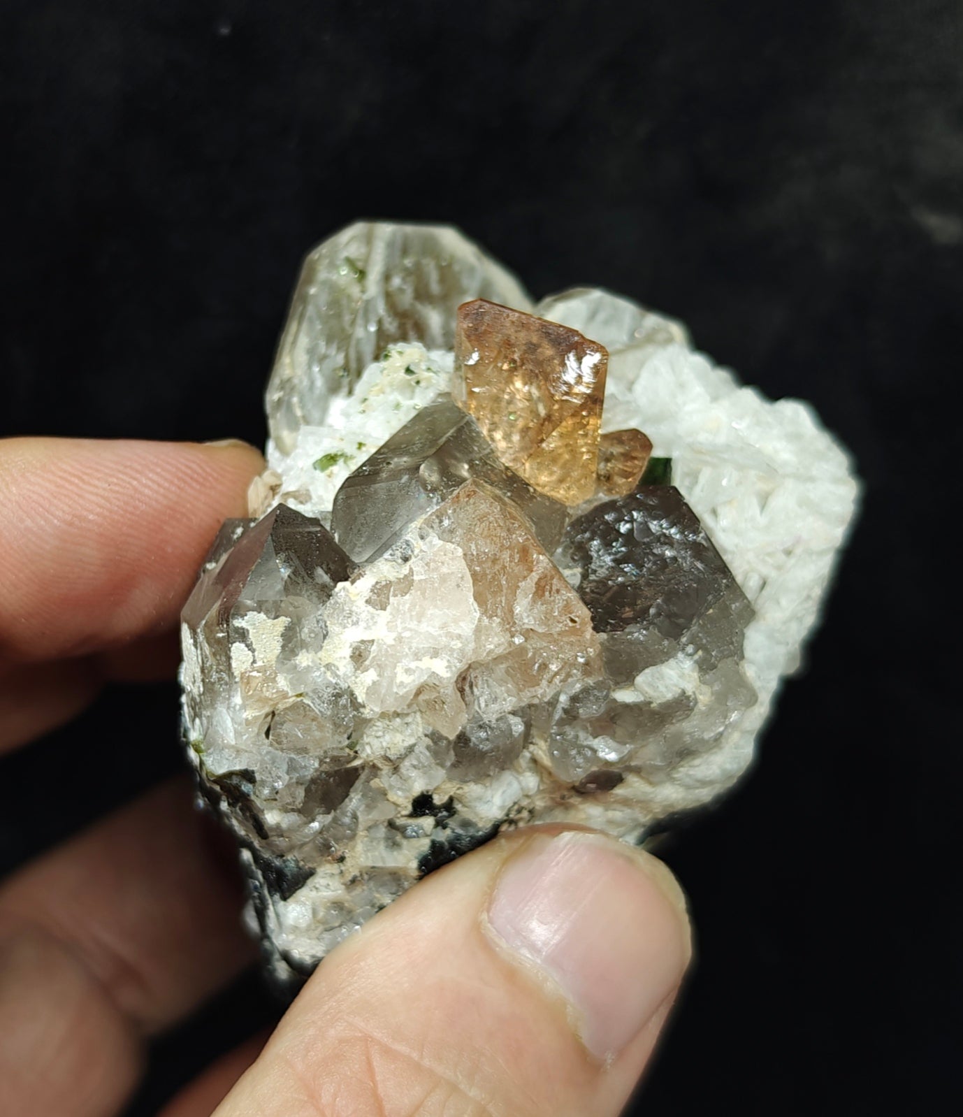 peach color Topaz crystals with quartz and tourmaline 210 grams