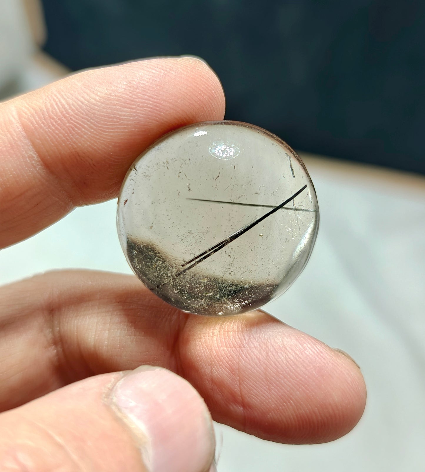 Tourmaline included smoky Quartz cabochon 64 carats