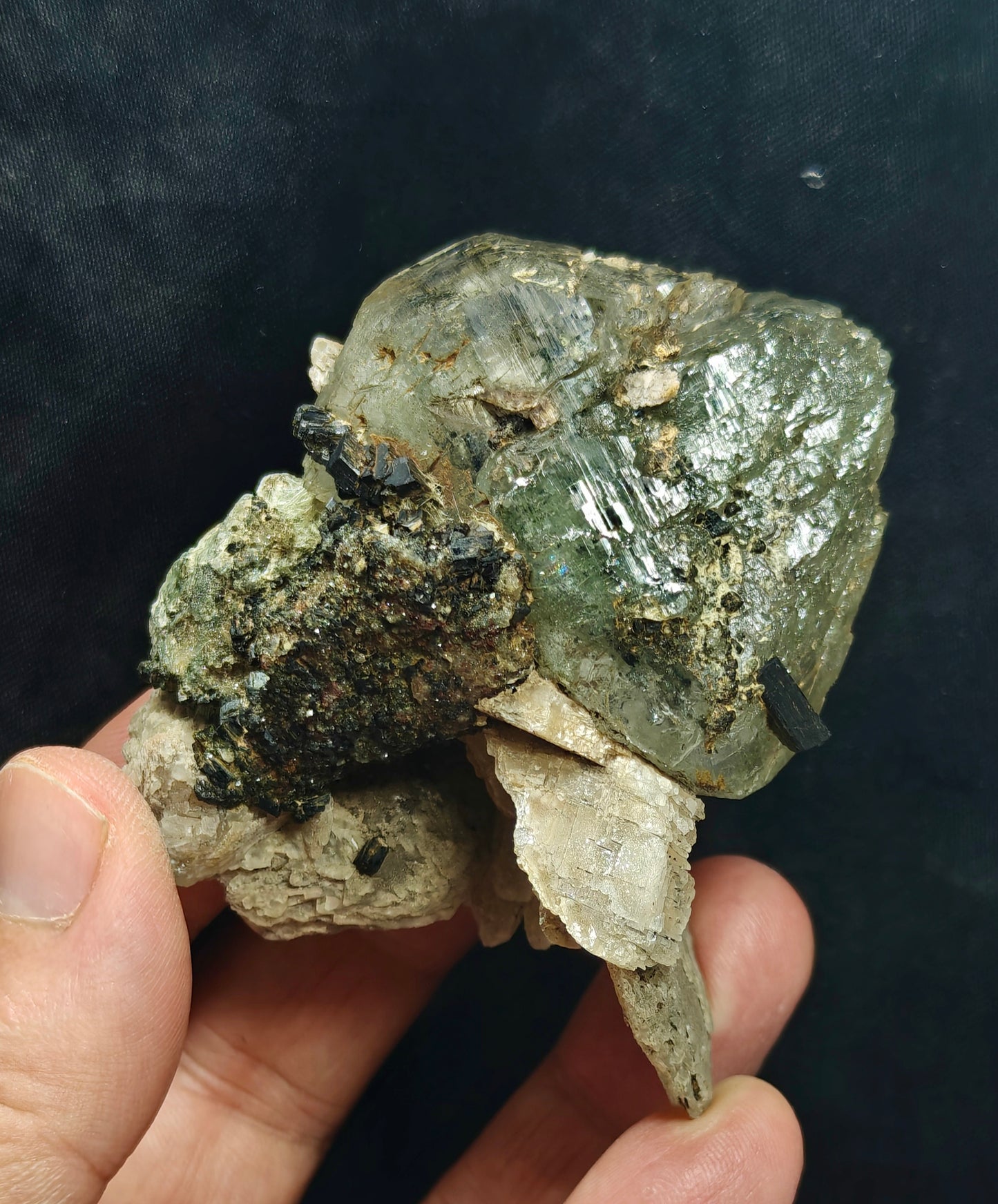 Terminated Etched Quartz crystal with calcite, Epidote and byss-olite 149 grams