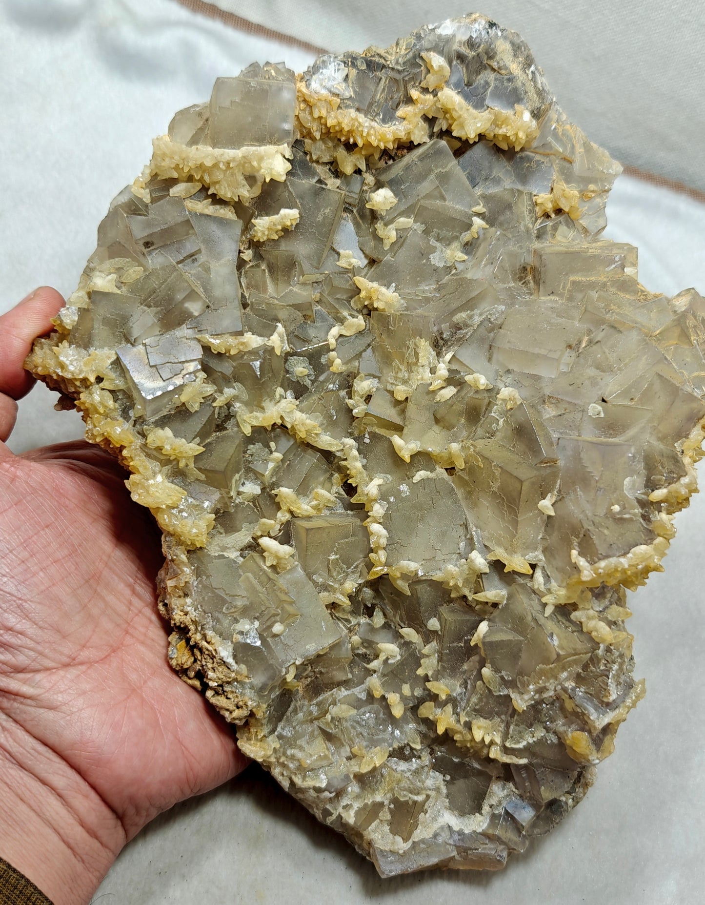 Beautiful Grey Color Fluorite plate with Dogteeth calcite crystals 1580 grams