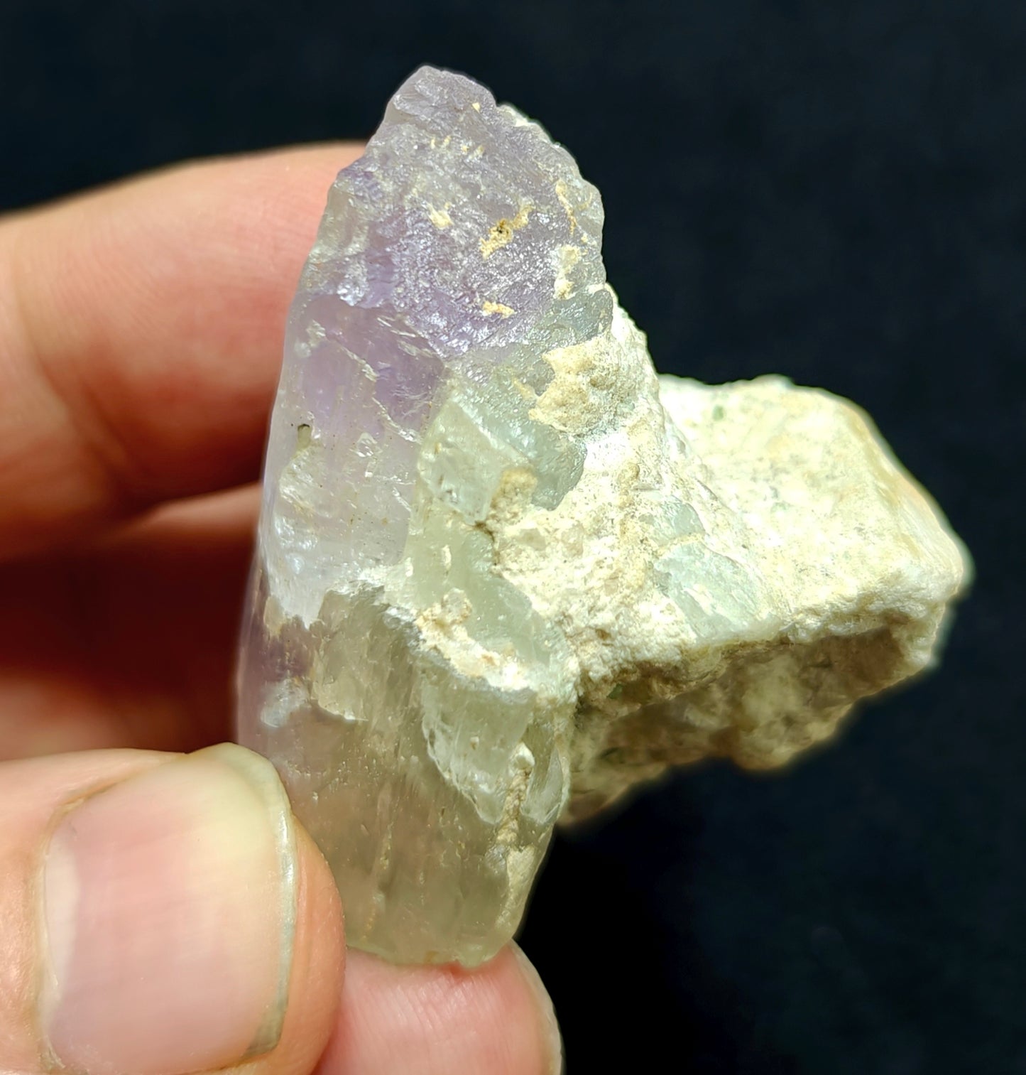 An amazing specimen of bicolor Kunzite on matrix of Albite 53 grams