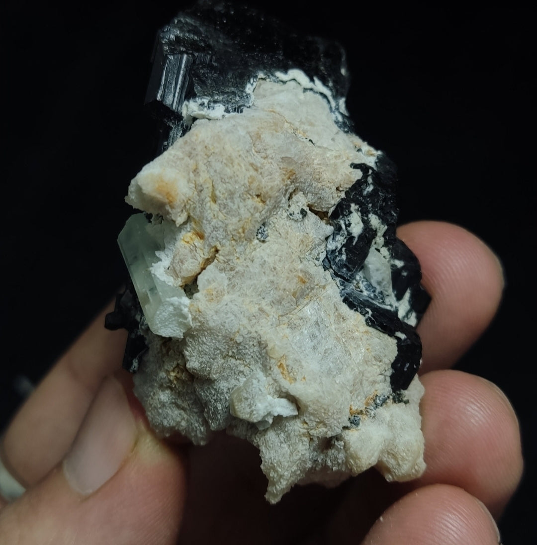Natural Black Tourmaline & Aquamarine Crystal with Feldspar/Albite 74 grams