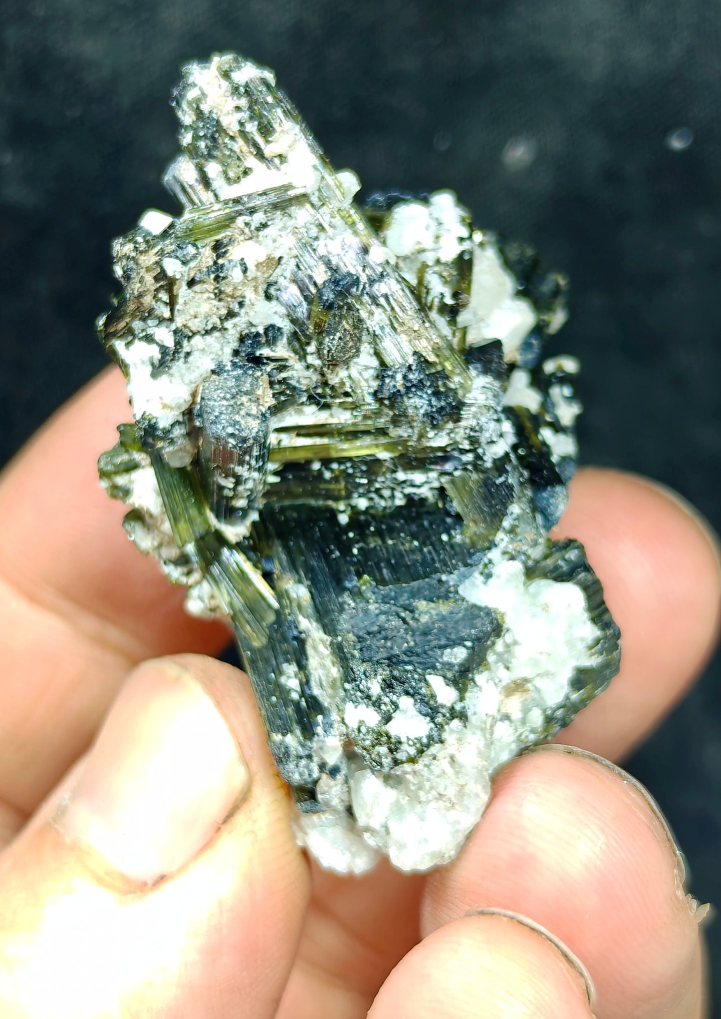 Dark green color Tourmaline crystals cluster with chatoyance effect 34 grams
