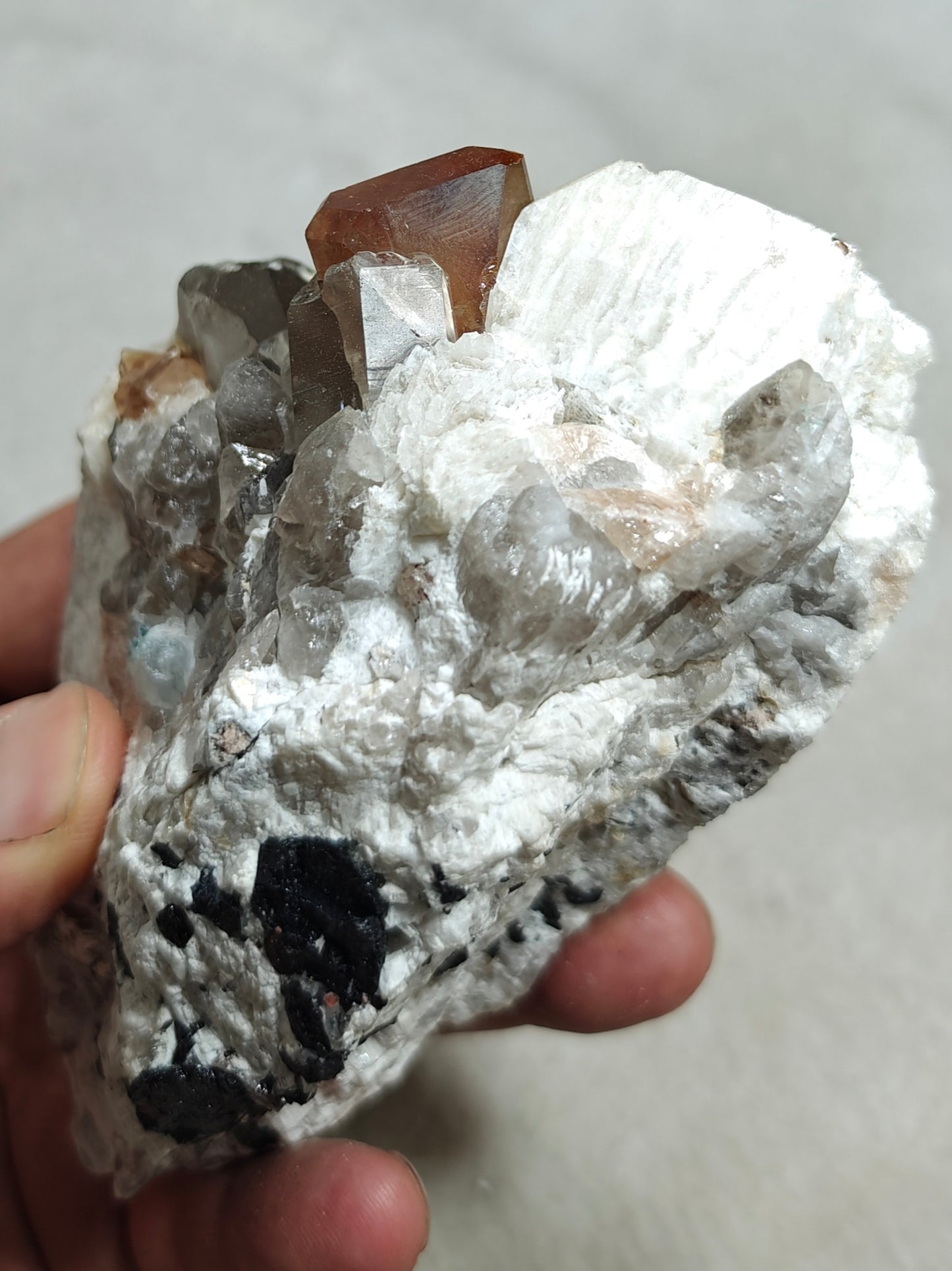 Terminated peach color Topaz crystal on matrix 576 grams