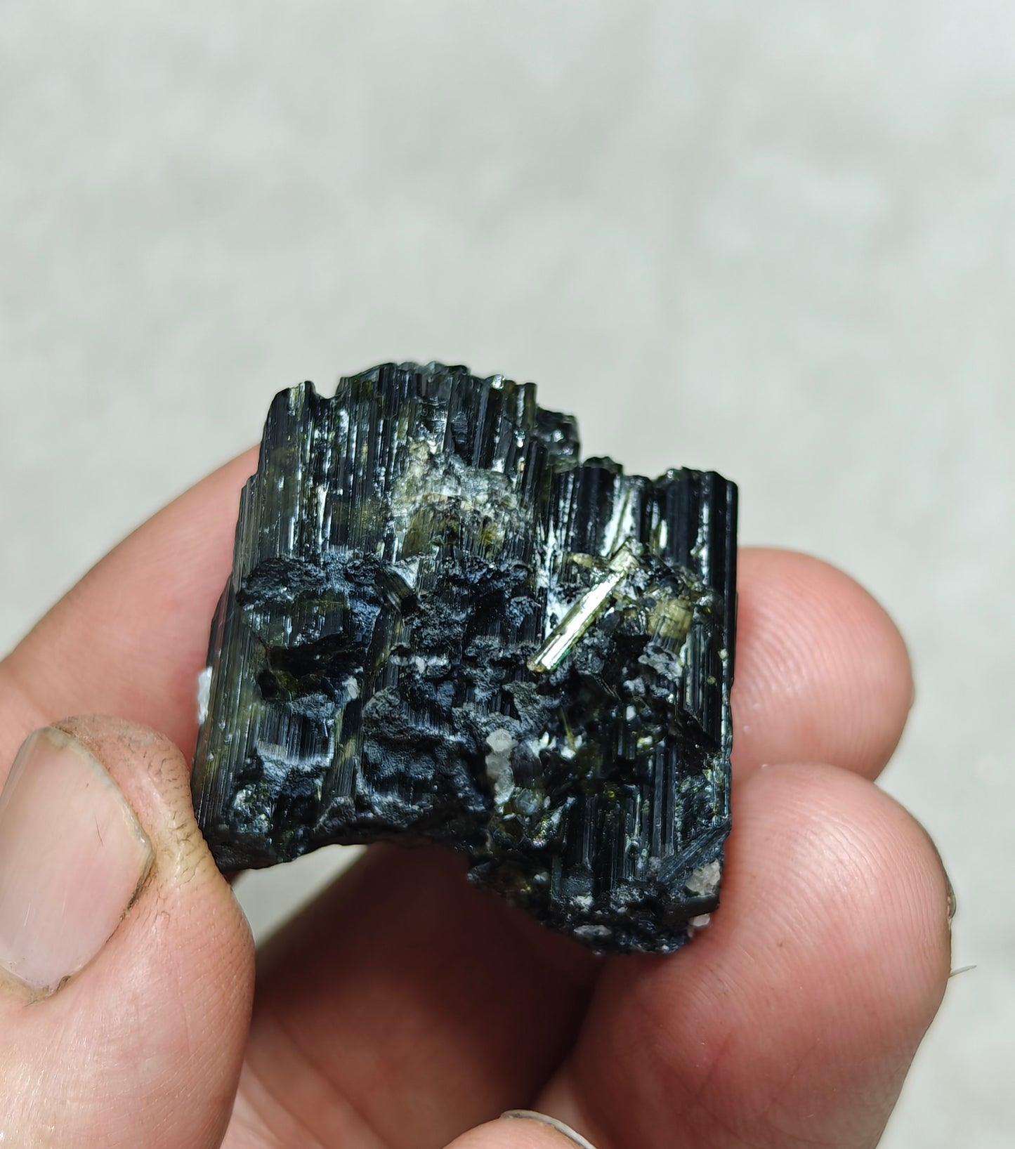 Dark green color Tourmaline crystals cluster with chatoyance effect amazing lustre 27 grams