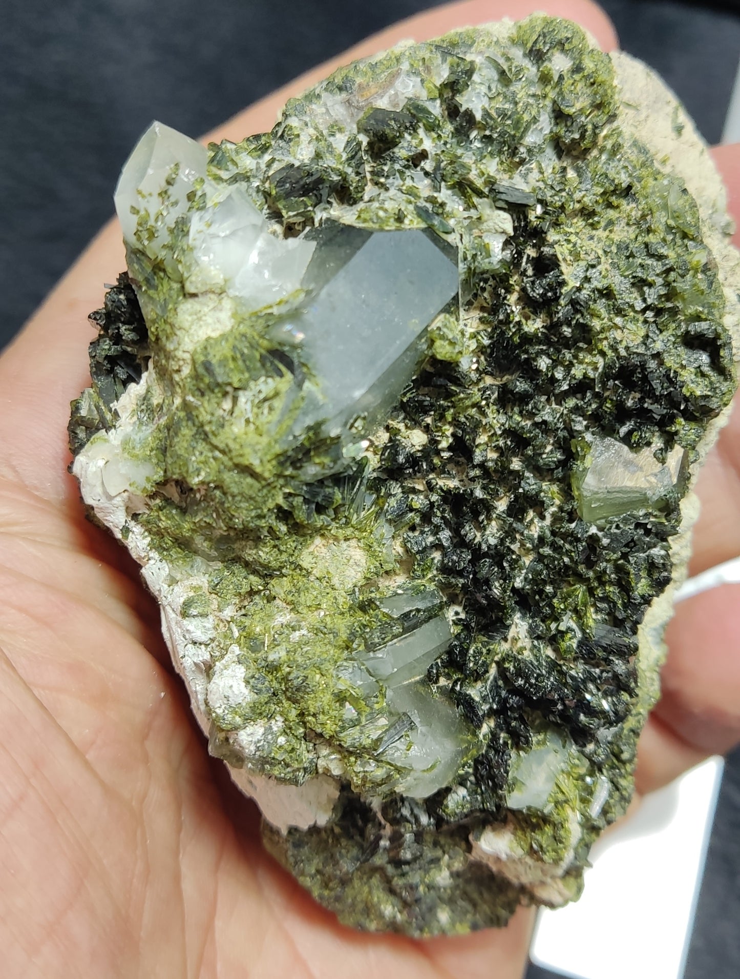 Quartz and Epidote cluster with beautiful terminations 265 grams