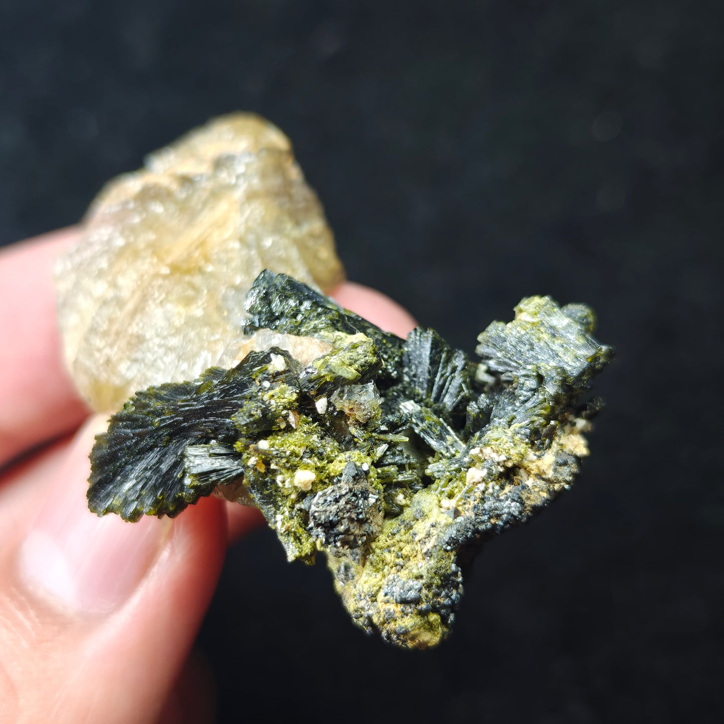 Natural epidote cluster on matrix of calcite 36 grams