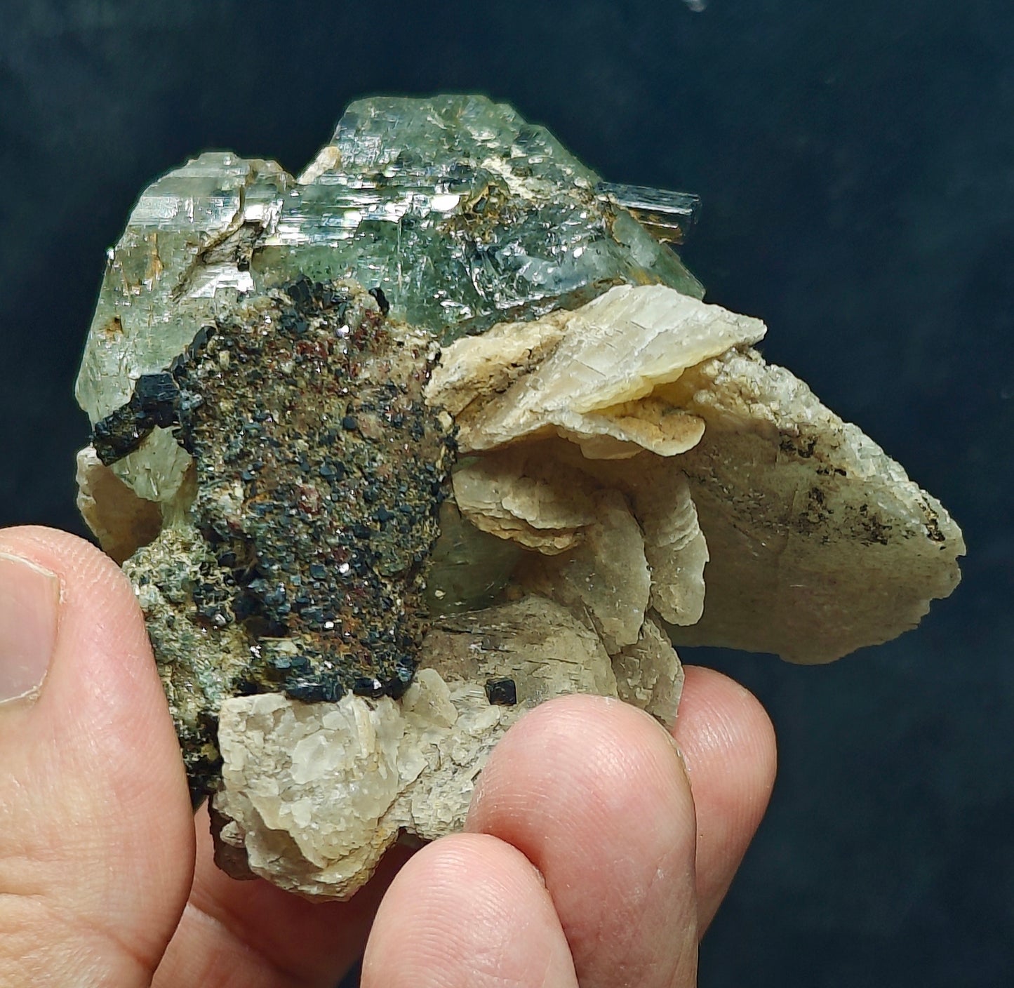 Terminated Etched Quartz crystal with calcite, Epidote and byss-olite 149 grams