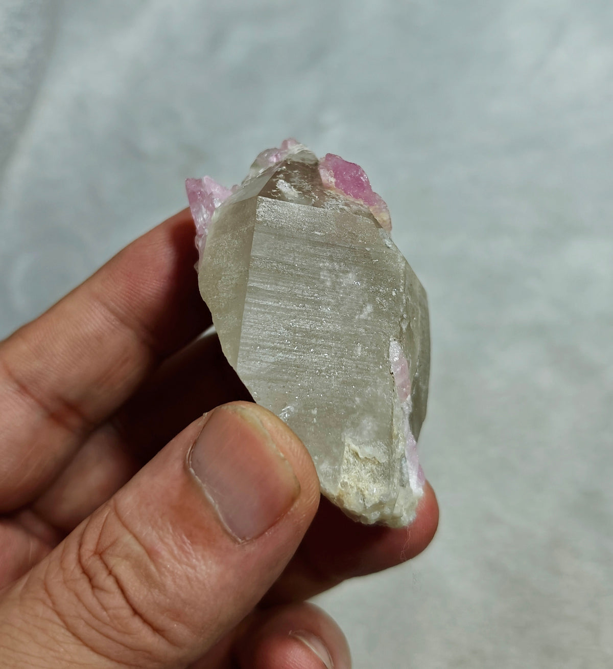 Pink Tourmaline crystal on smoky quartz 80g