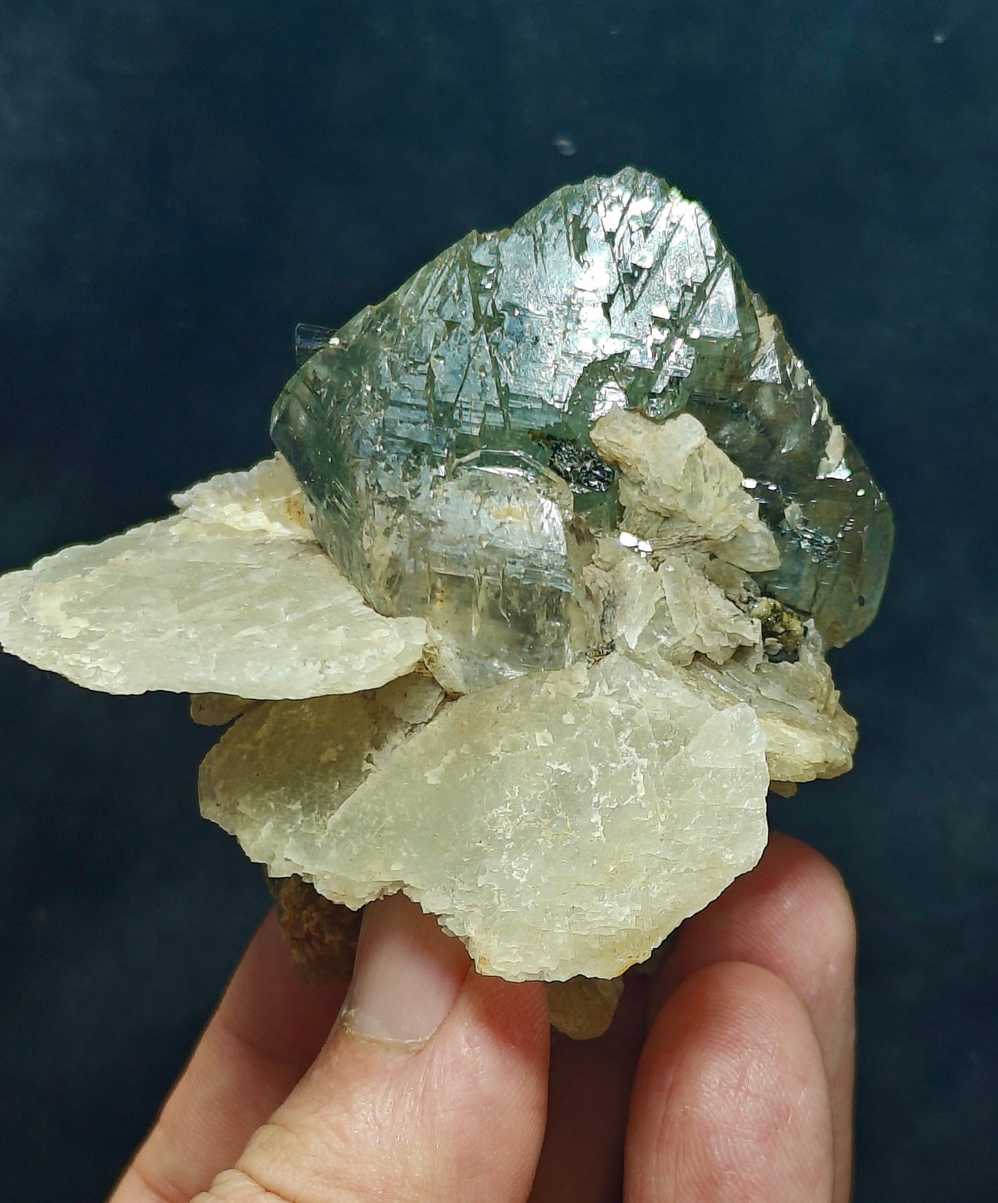 Terminated Etched Quartz crystal with calcite, Epidote and byss-olite 149 grams