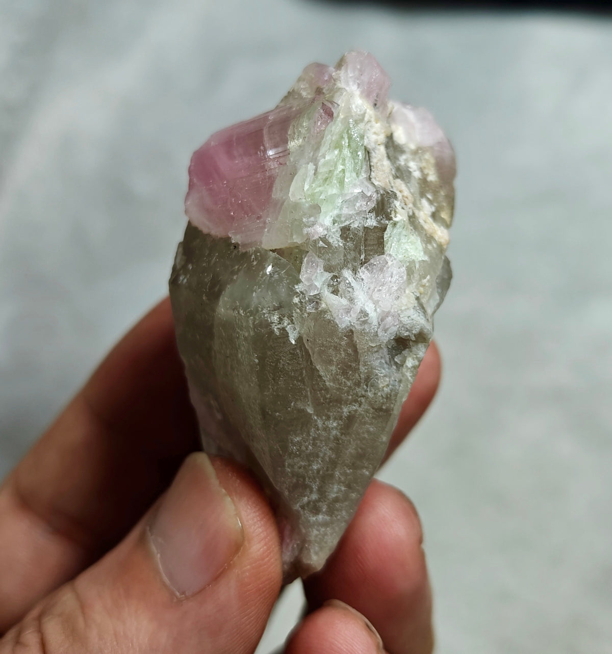 Pink Tourmaline crystal on smoky quartz 80g