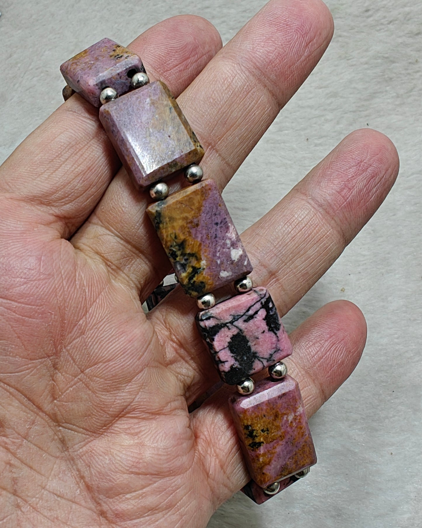 Natural rhodonite bracelet, elastic stretch fit. 9 inch length