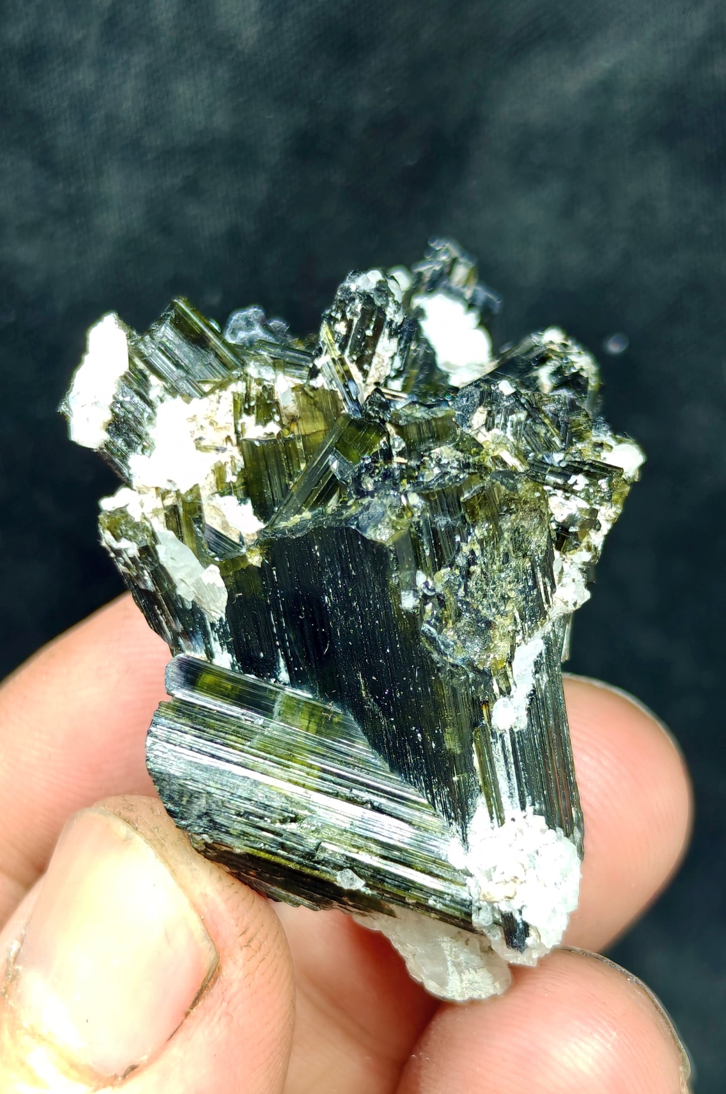 Dark green color Tourmaline crystals cluster with chatoyance effect 34 grams